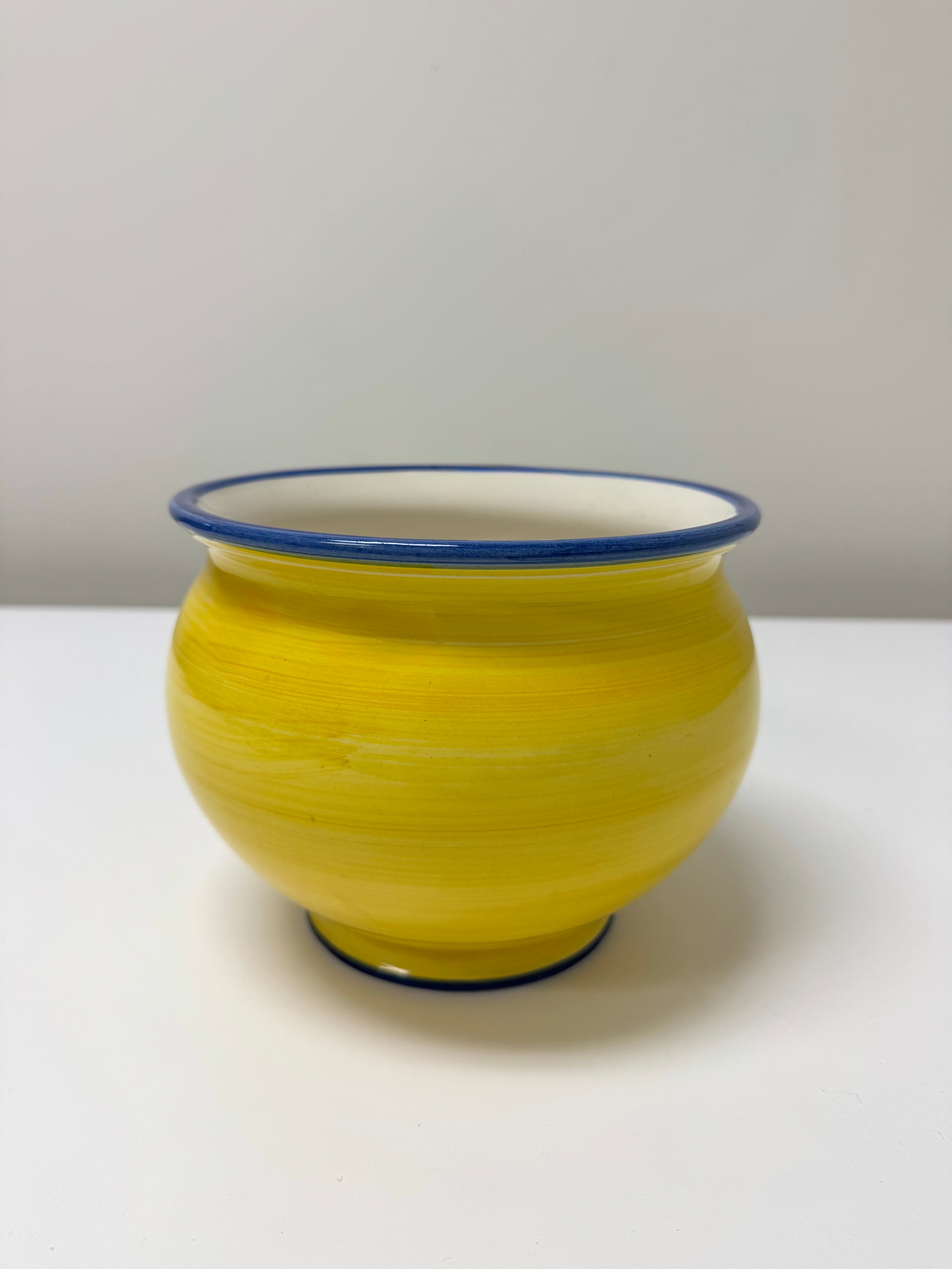 Hand-painted Yellow Footed Bowl with Blue Rim