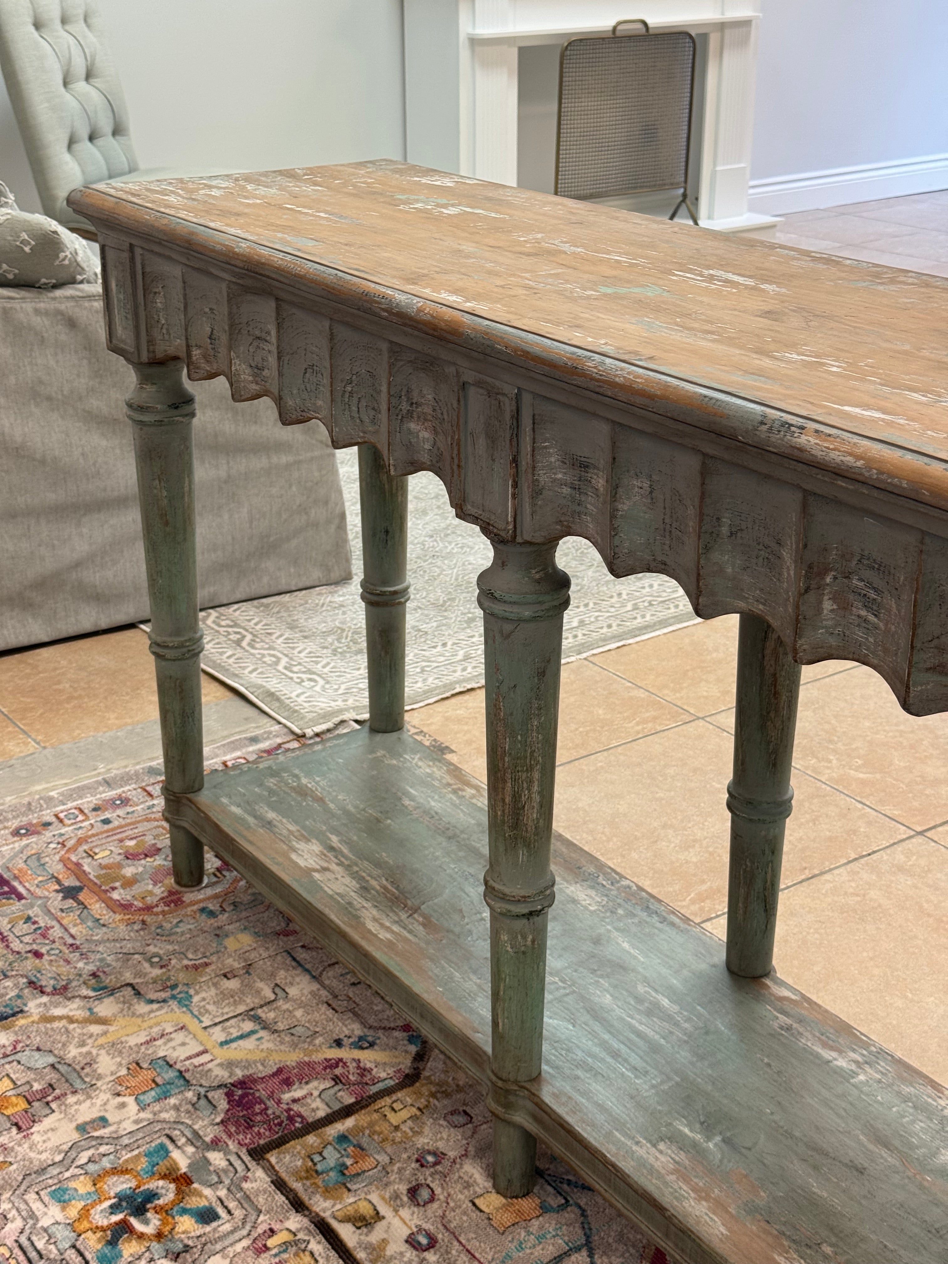 Distressed Aqua Scalloped Console