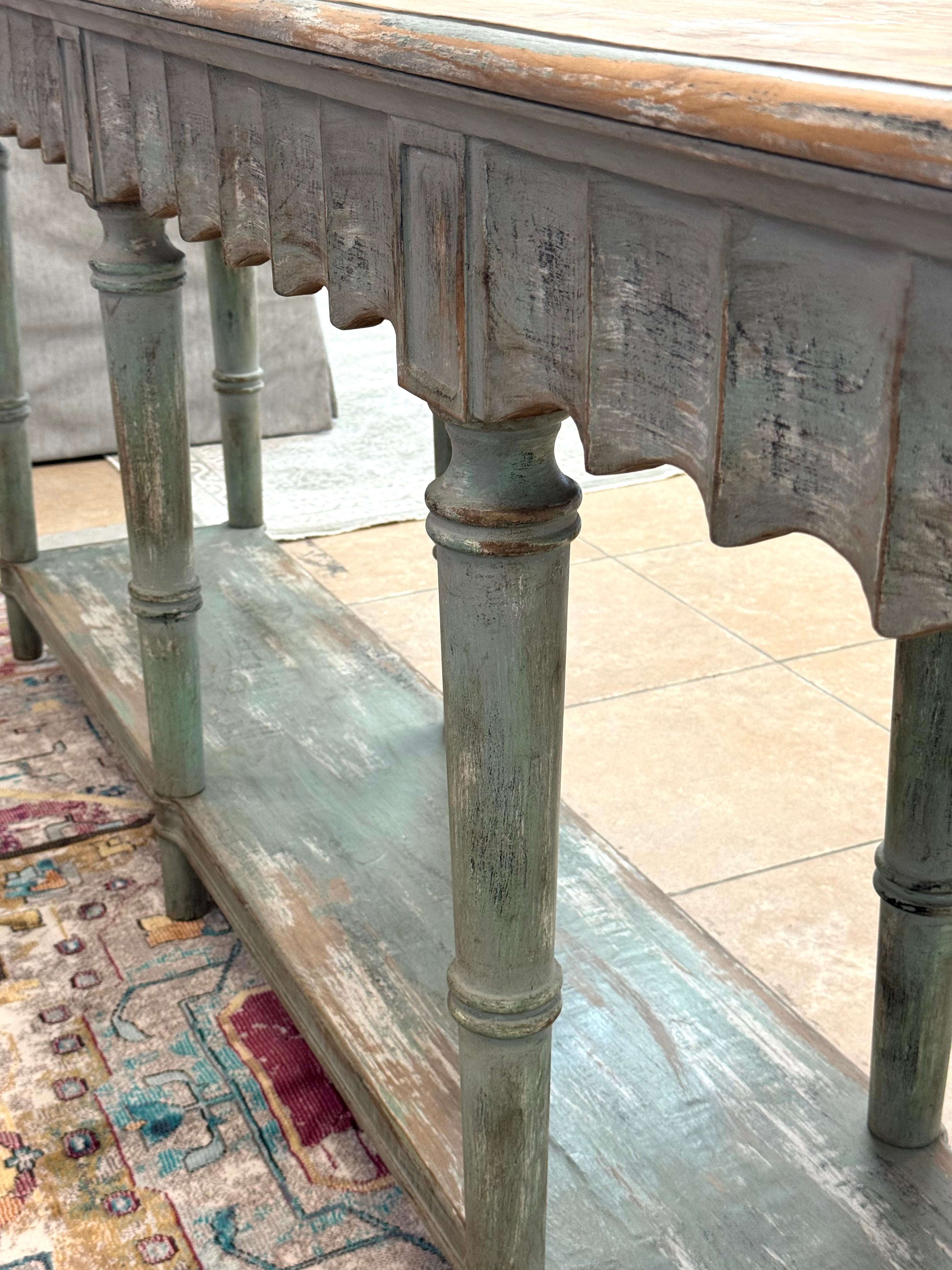 Distressed Aqua Scalloped Console