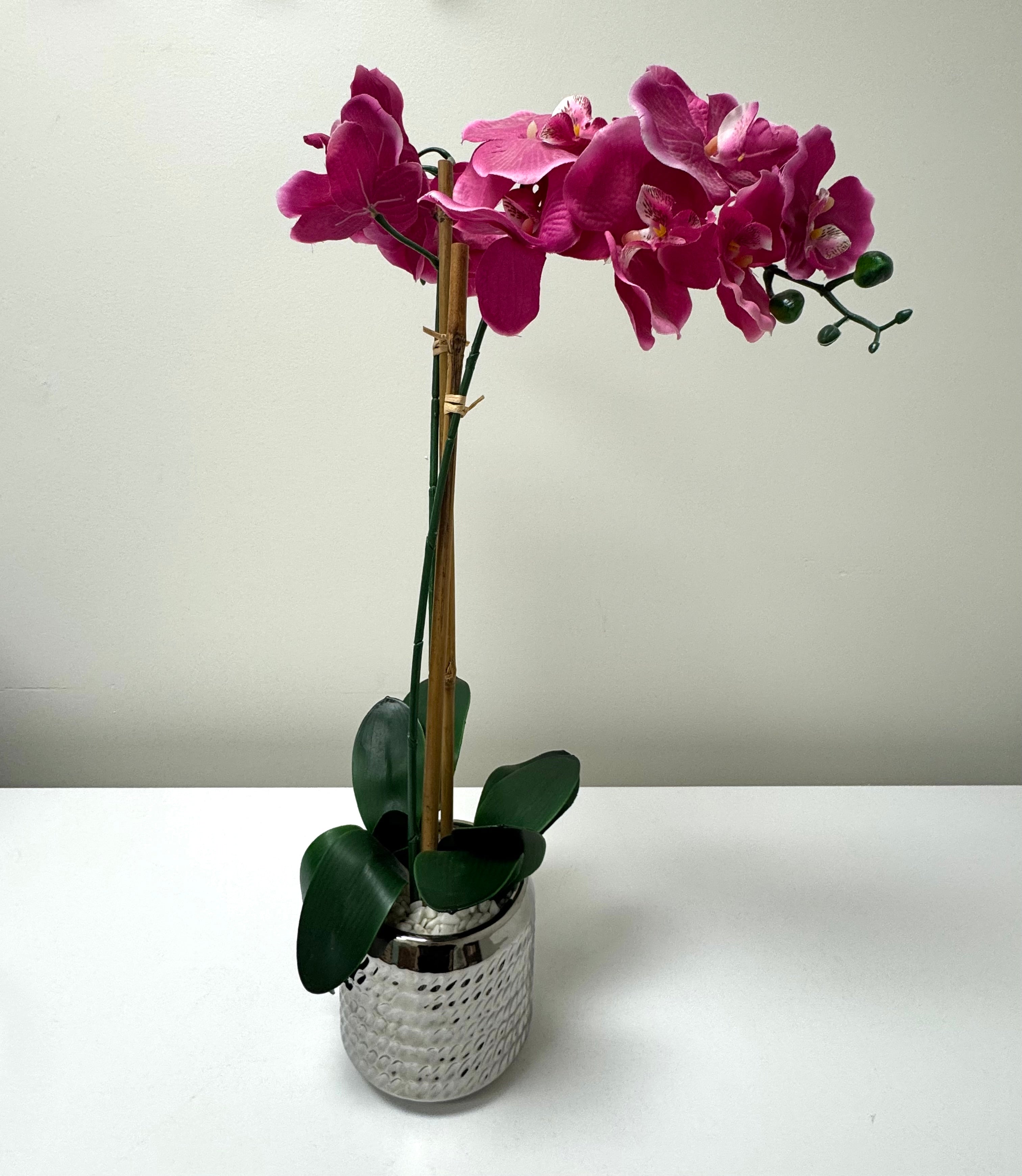 Faux Pink Orchid in Silver Pot