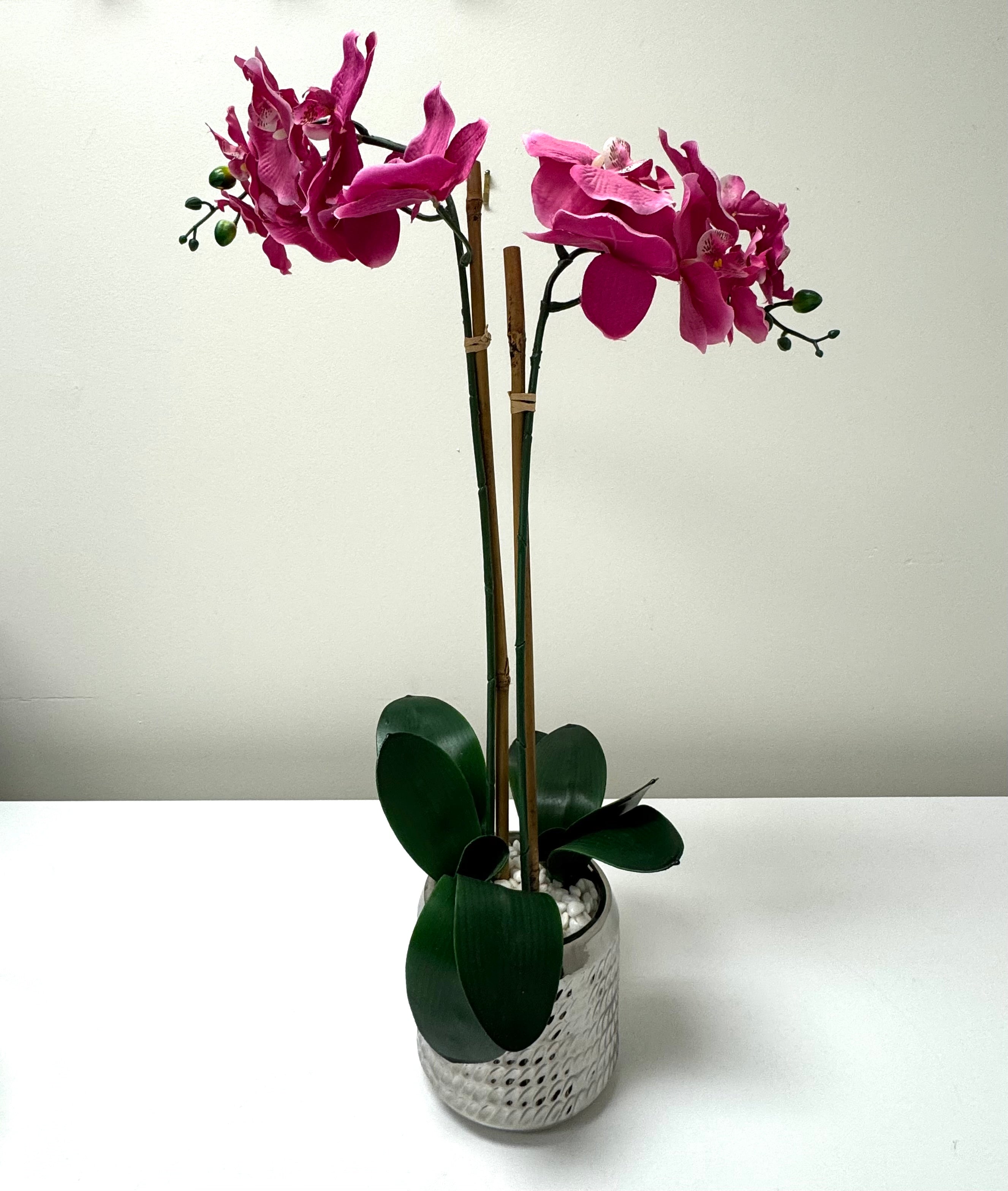 Faux Pink Orchid in Silver Pot