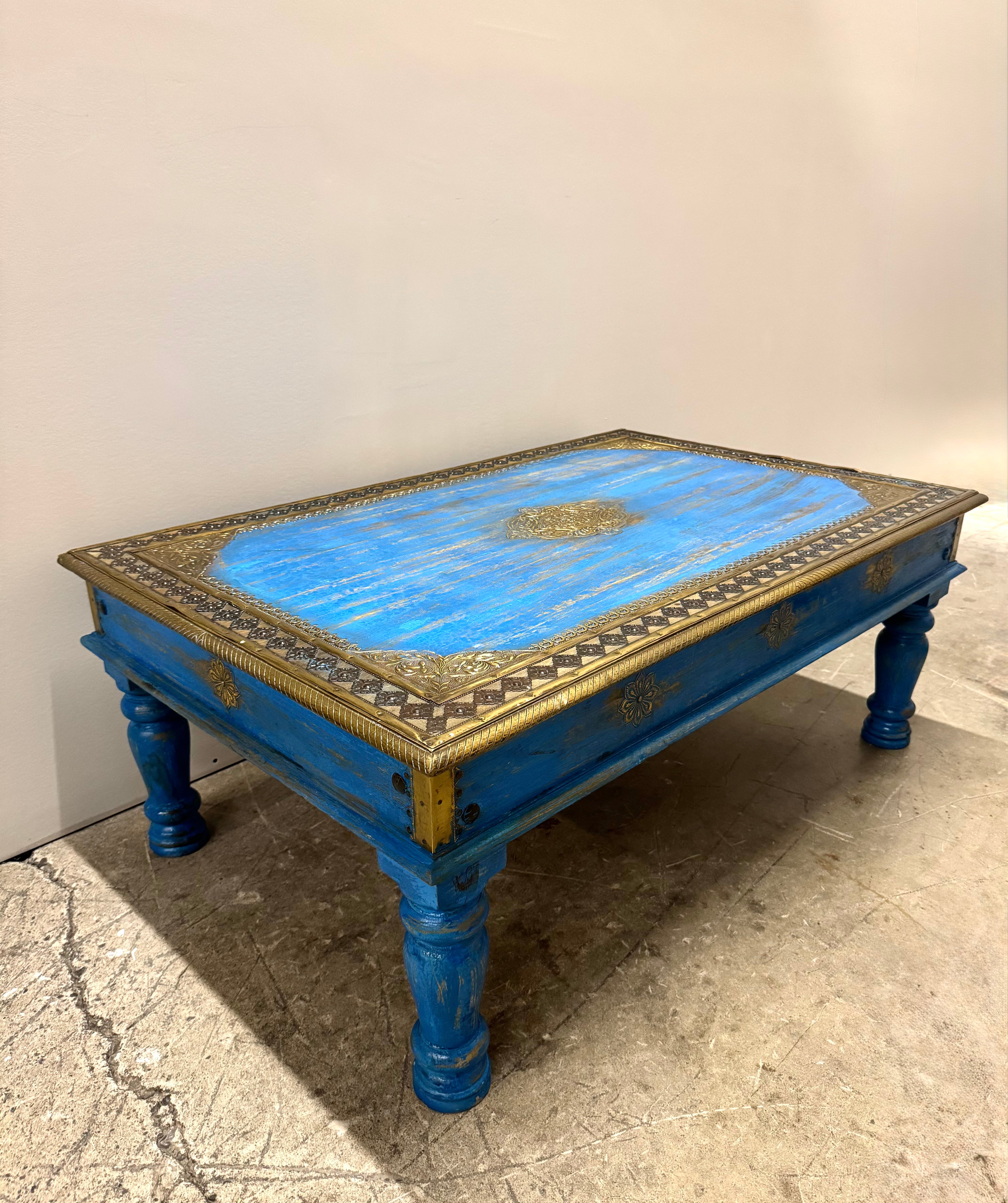 Azure Blue Indian Coffee Table with Brass Overlay