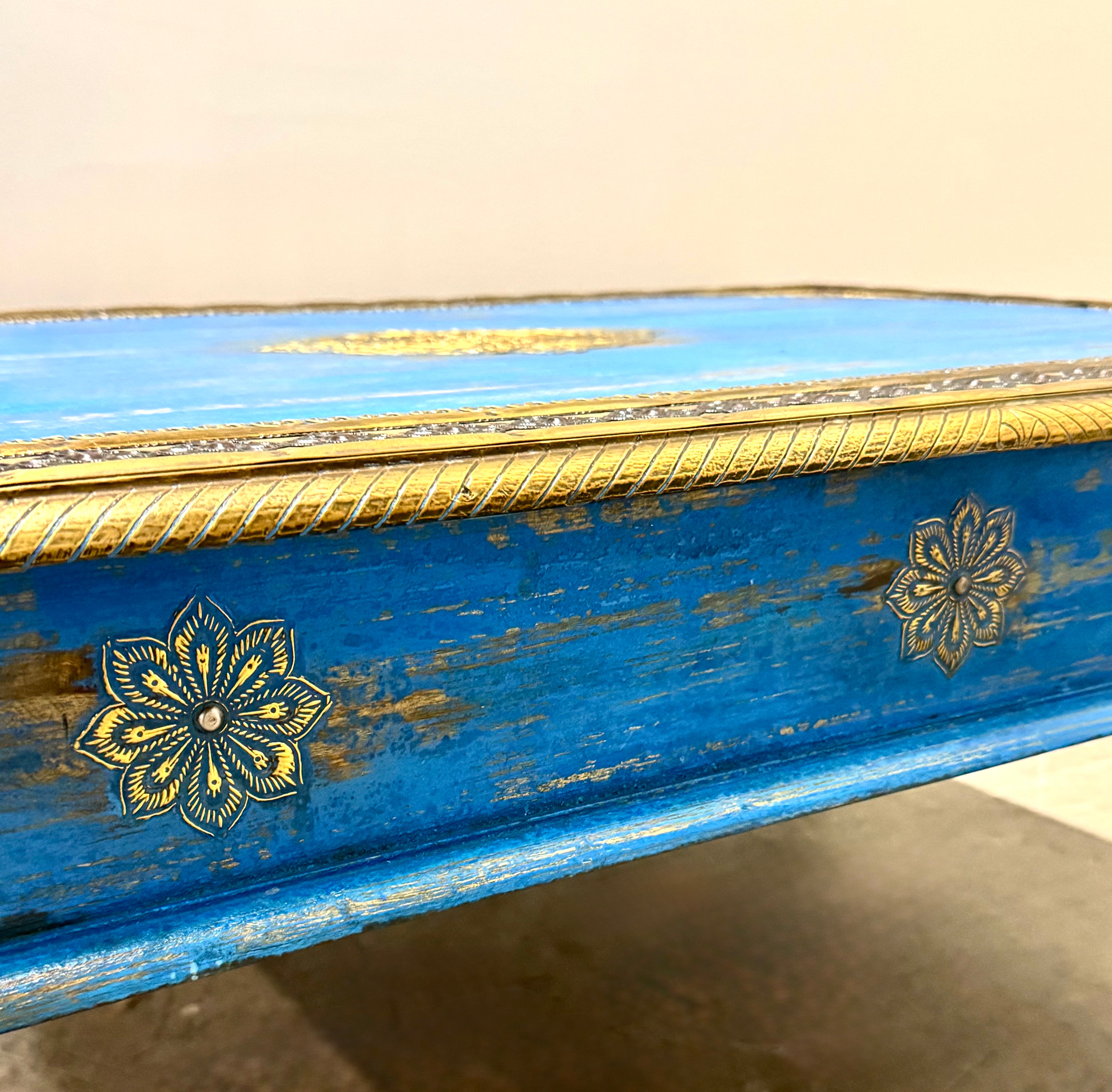 Azure Blue Indian Coffee Table with Brass Overlay