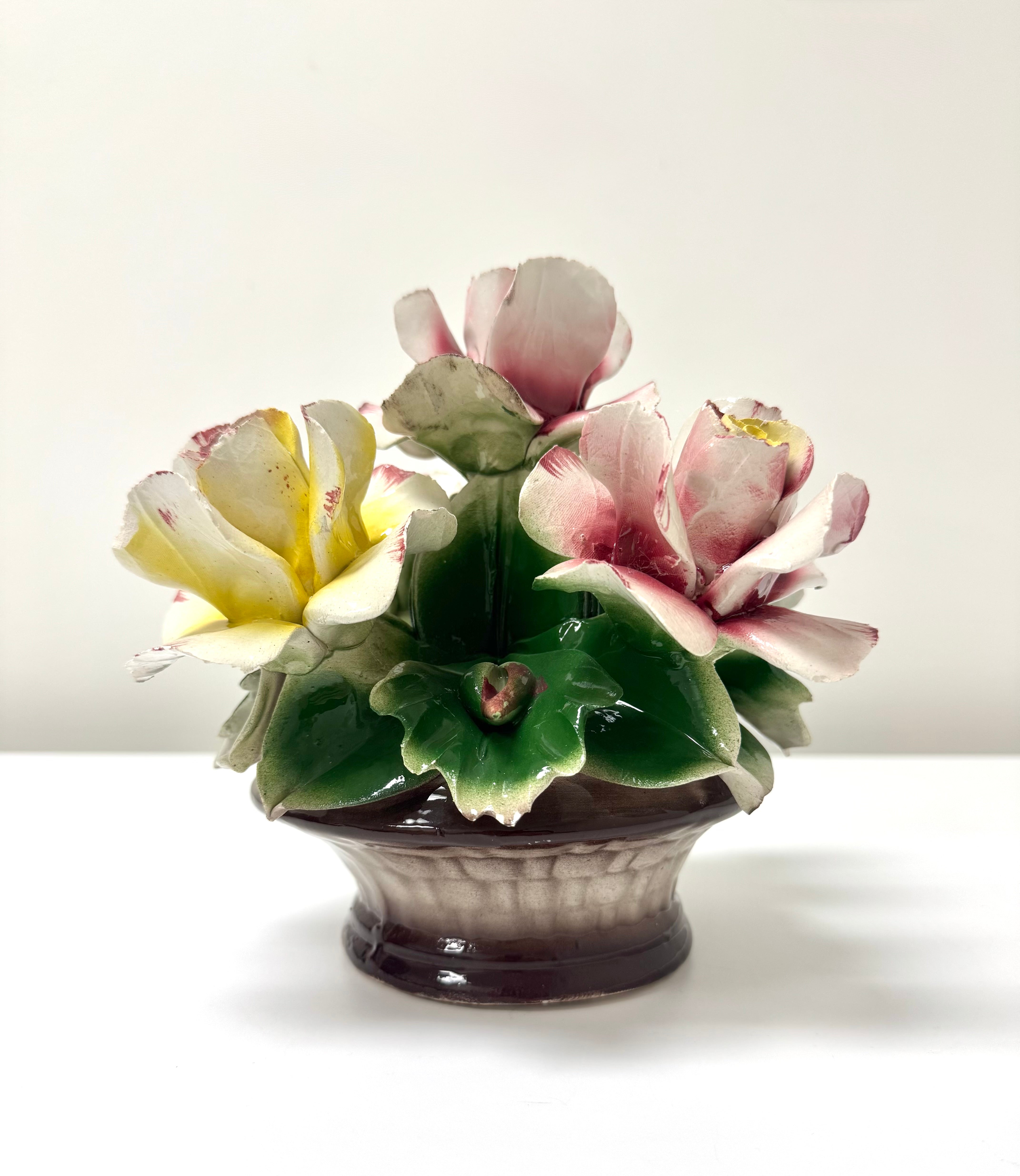 Vintage CAPODIMONTE Fine Porcelain Basket of Roses