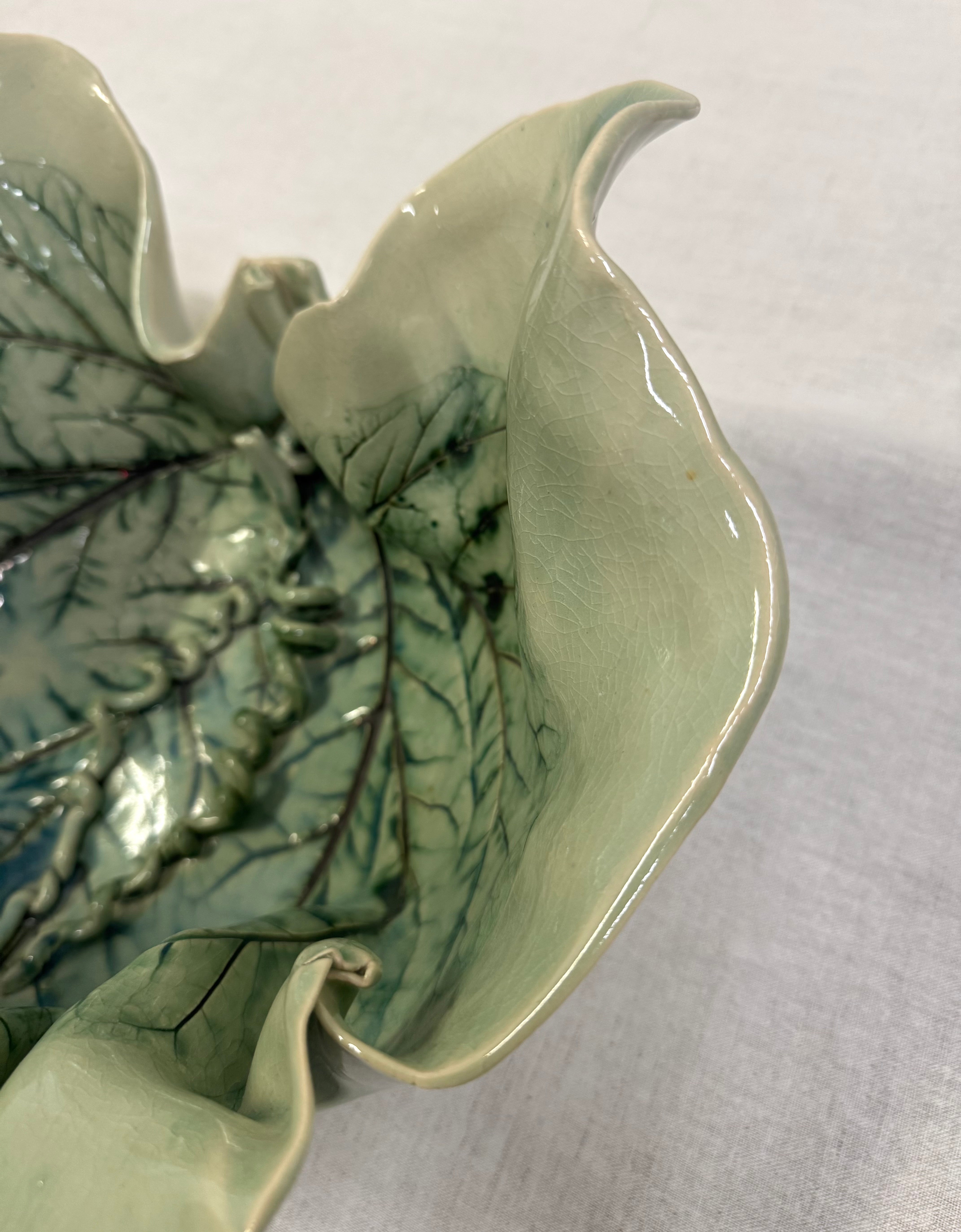 Hand-made Celadon Leaf Print Pottery Bowl