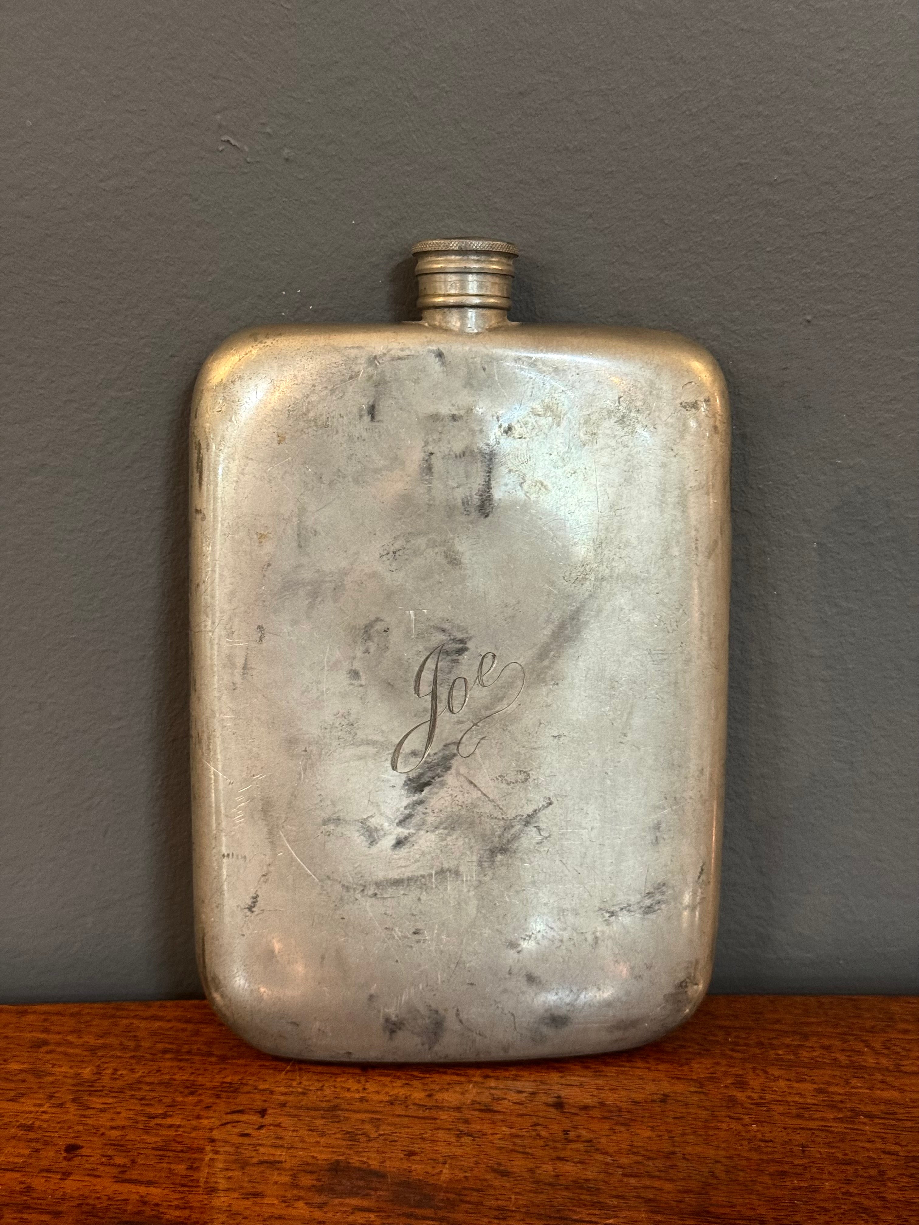 Vintage Pewter Flask Engraved 'Joe'