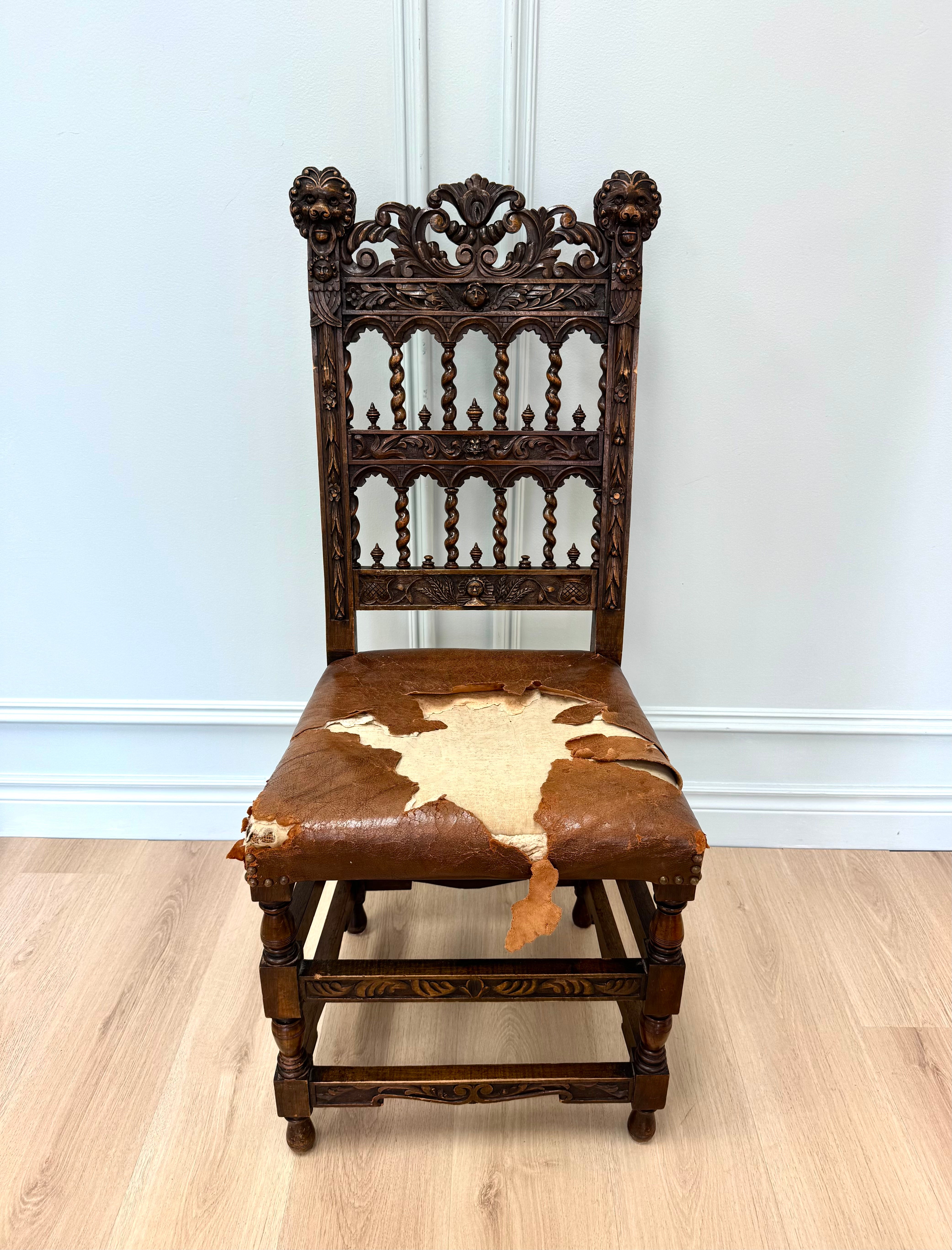 Antique Jacobean Revival Carved Oak Side Chair