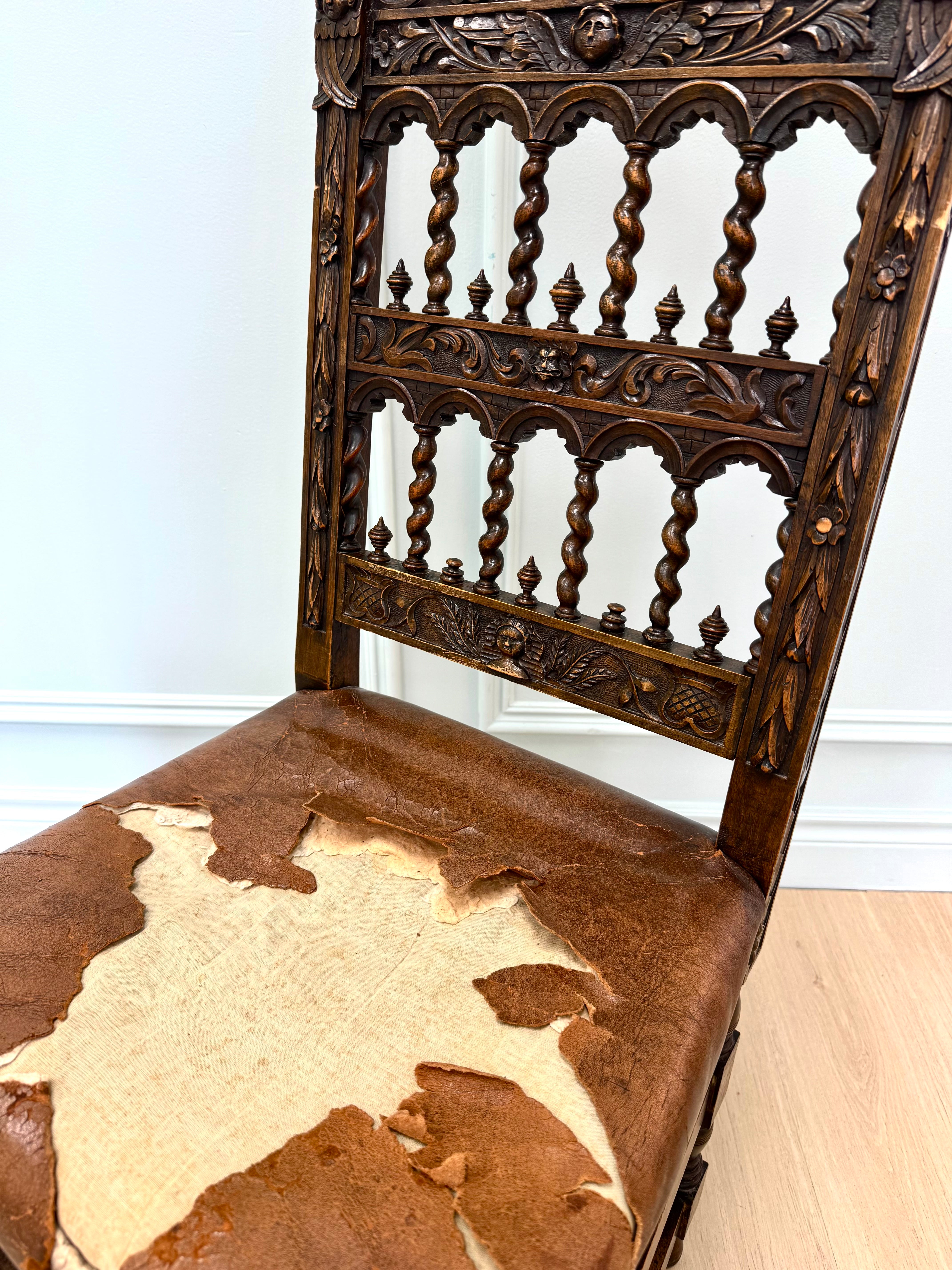 Antique Jacobean Revival Carved Oak Side Chair