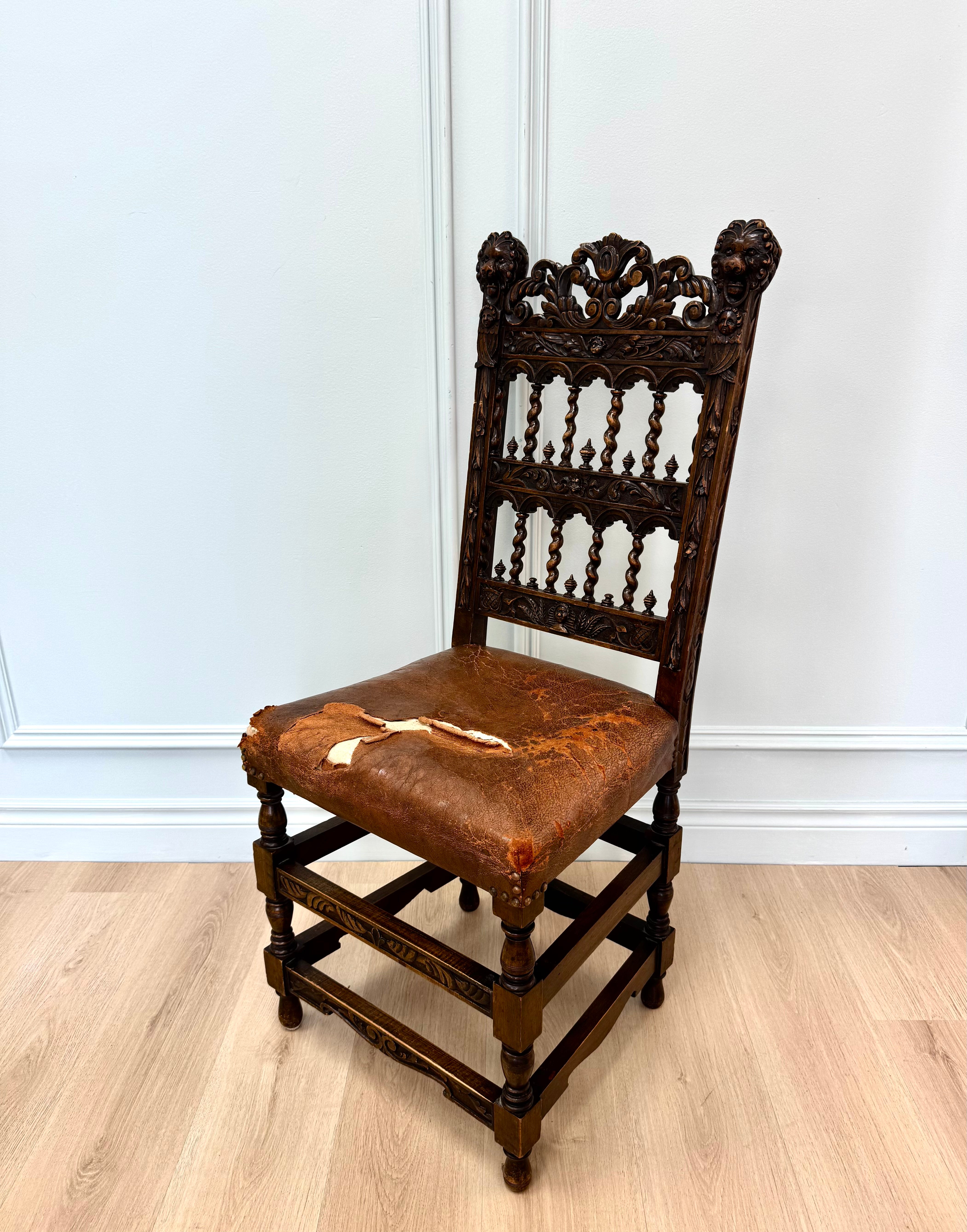 Antique Jacobean Revival Carved Oak Side Chair