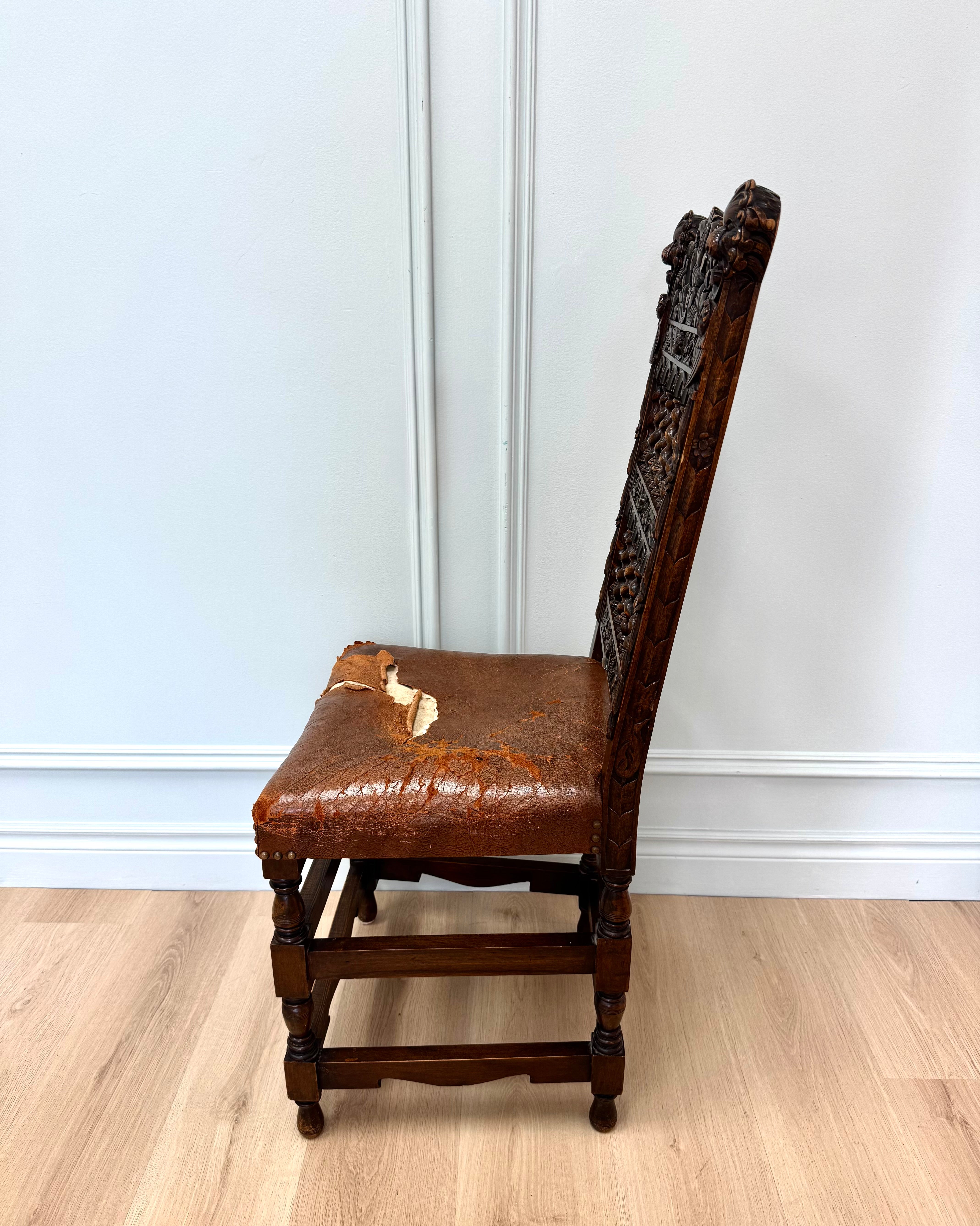 Antique Jacobean Revival Carved Oak Side Chair