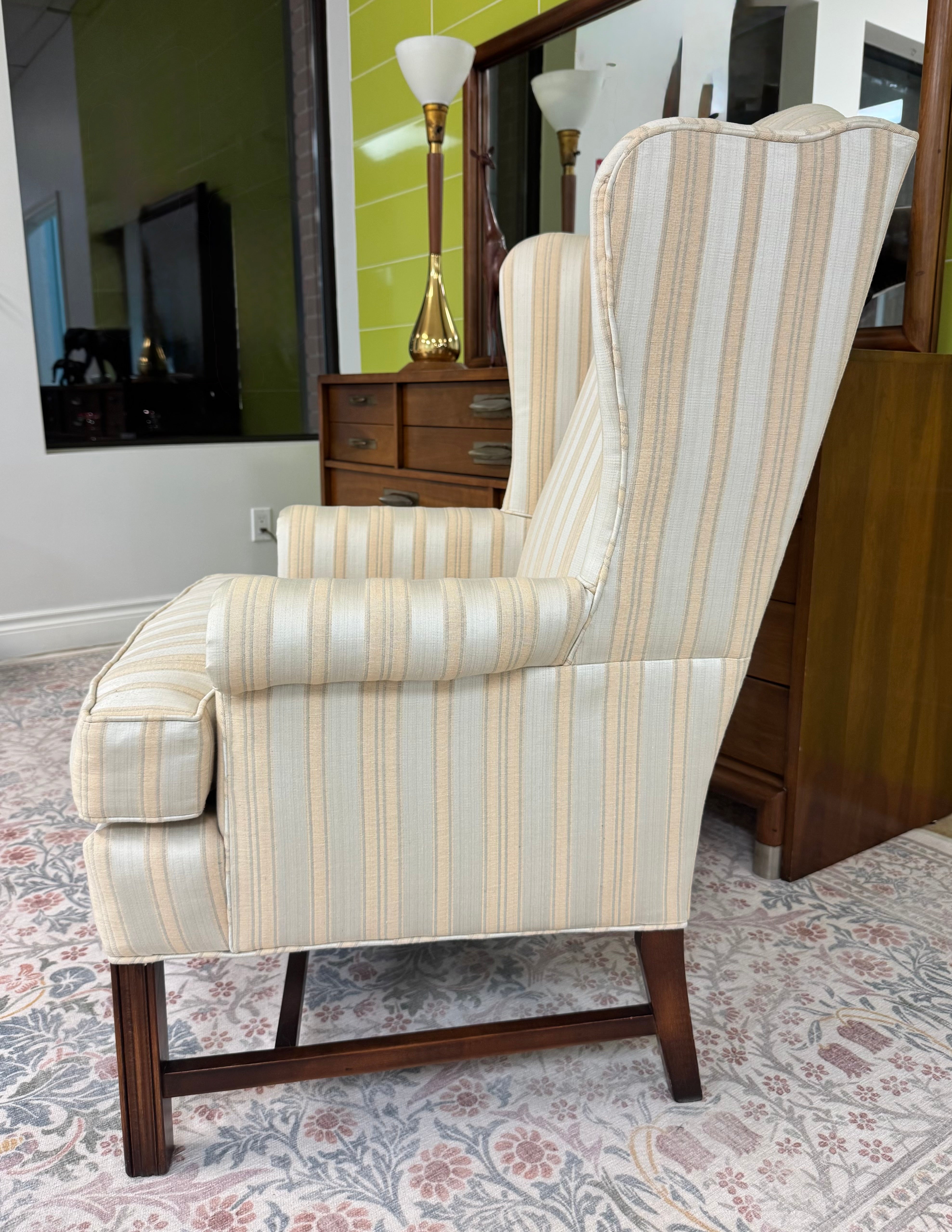 Cream and Gold Striped Wing Chair