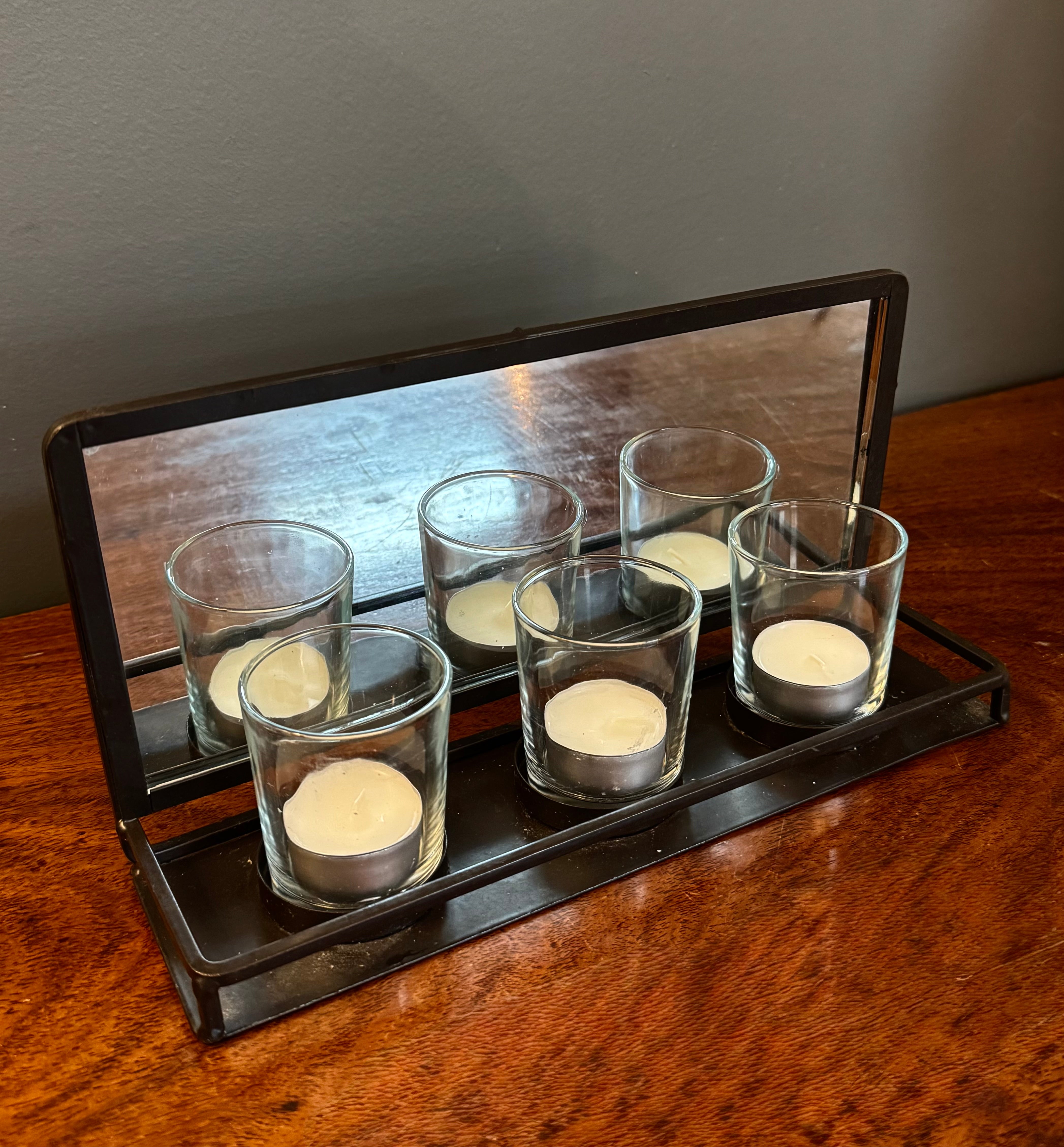 Black Metal & Mirror Triple Votive Holder