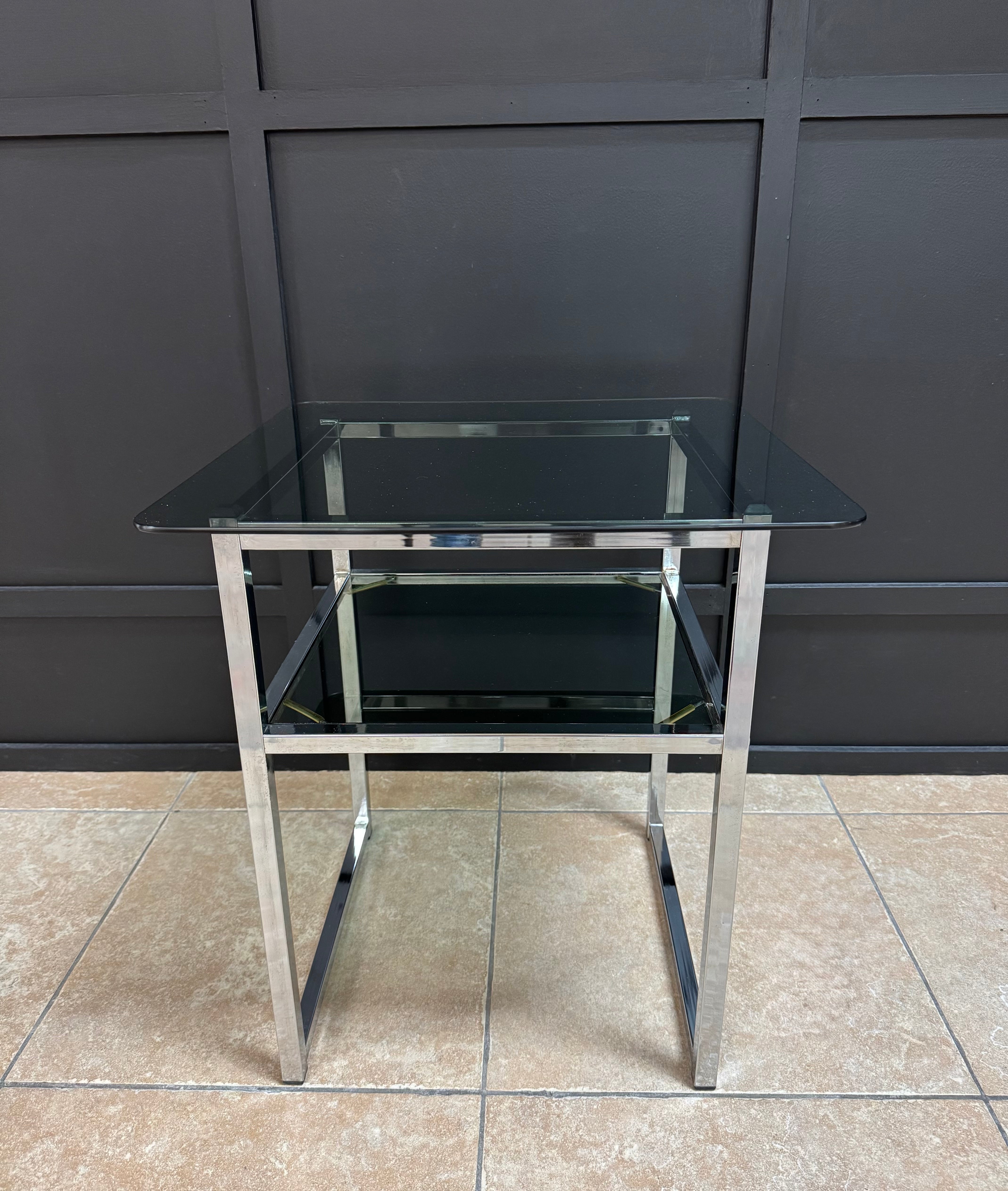 Contemporary Chrome Side Table with Black Glass