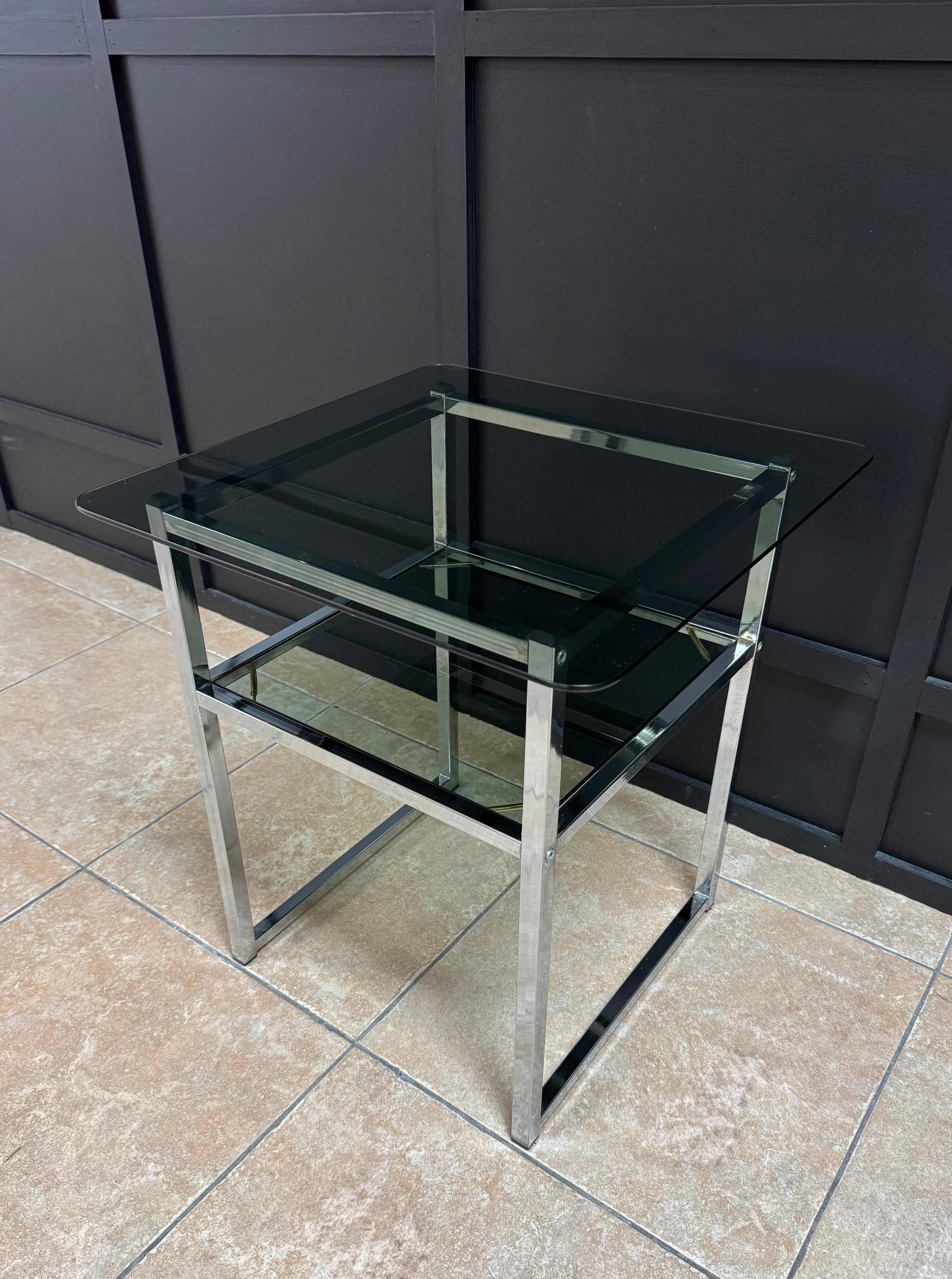 Contemporary Chrome Side Table with Black Glass