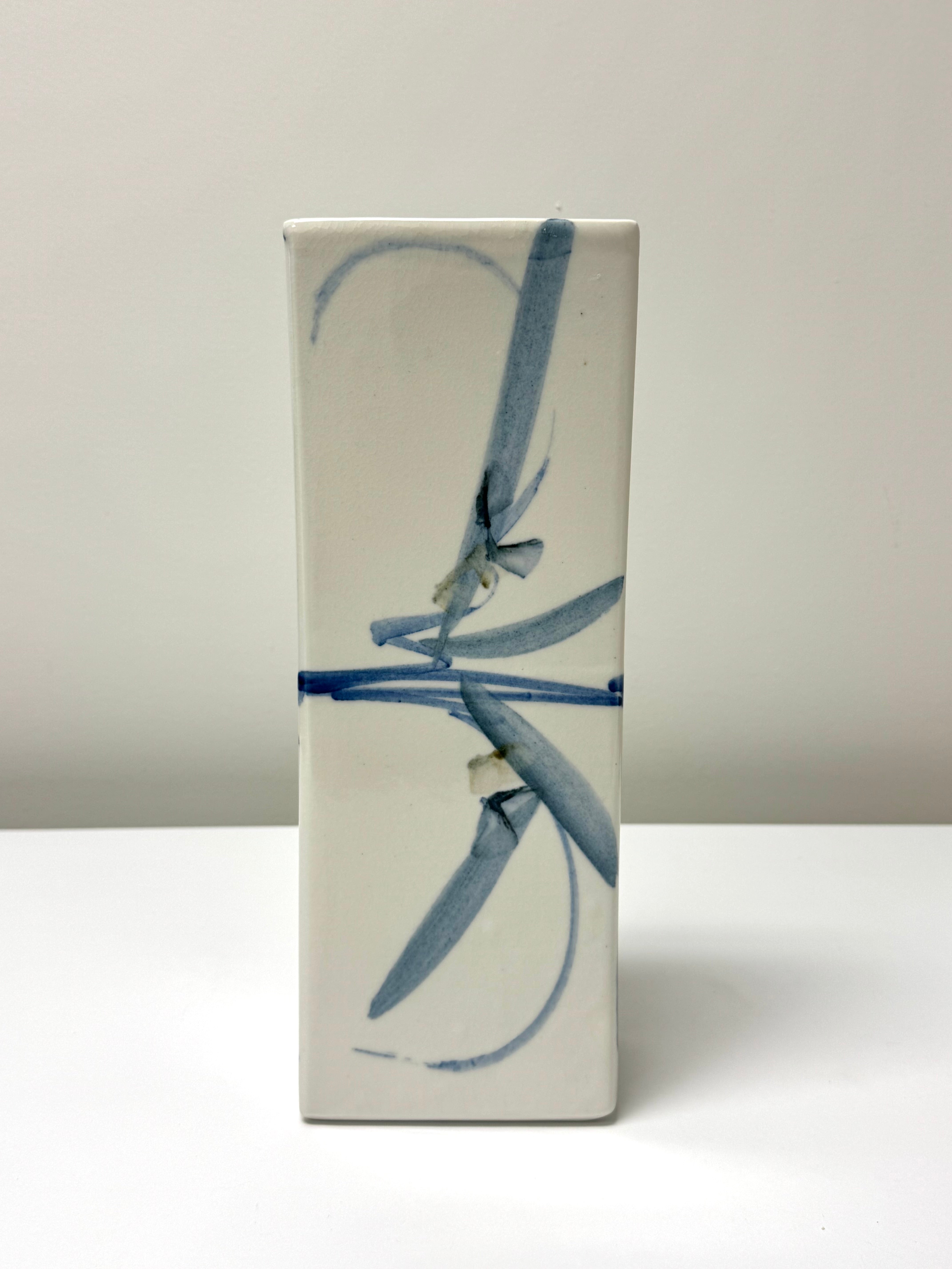 Hand-painted Abstract Blue & White 13-1/2" Vase