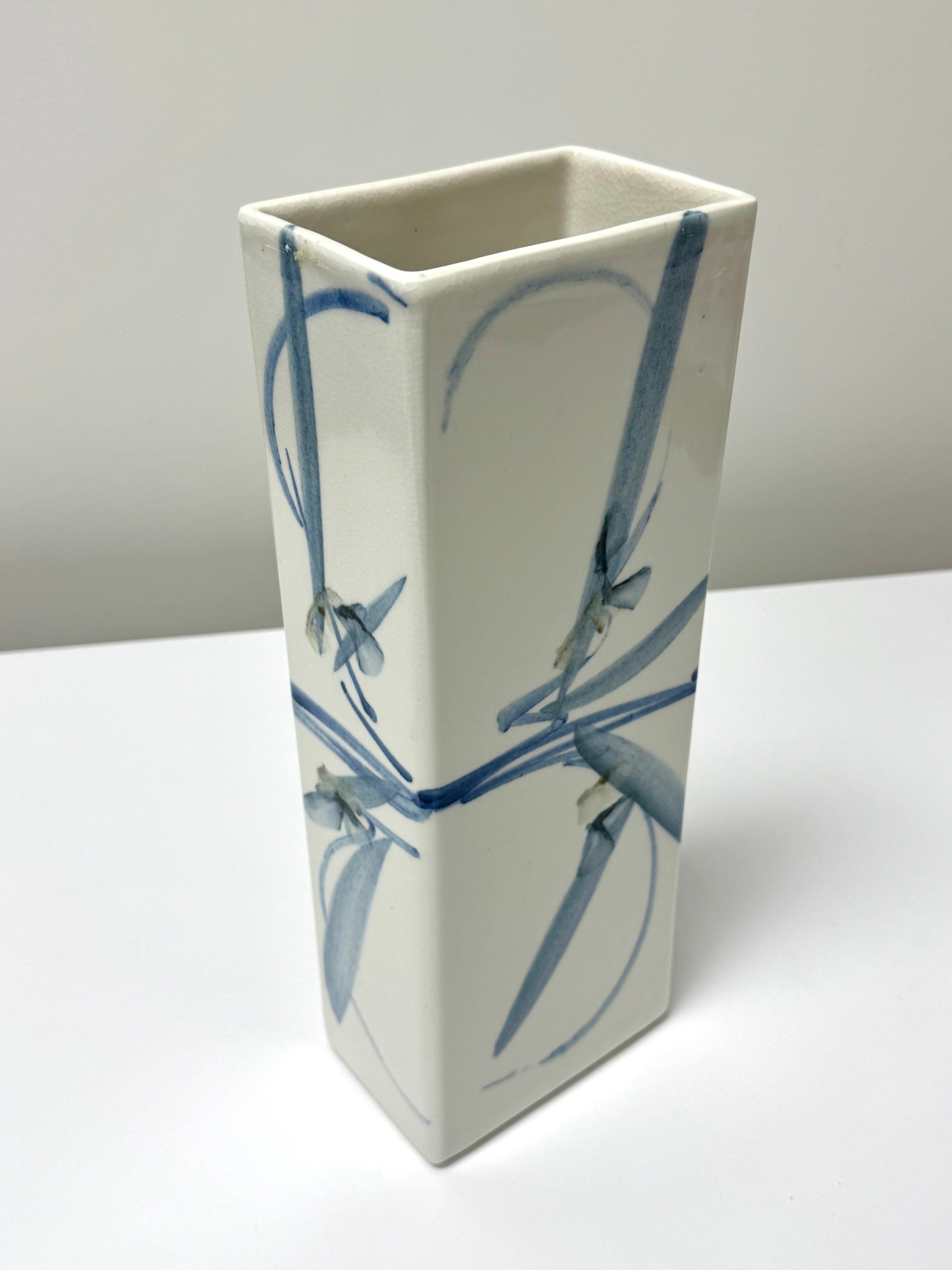 Hand-painted Abstract Blue & White 13-1/2" Vase