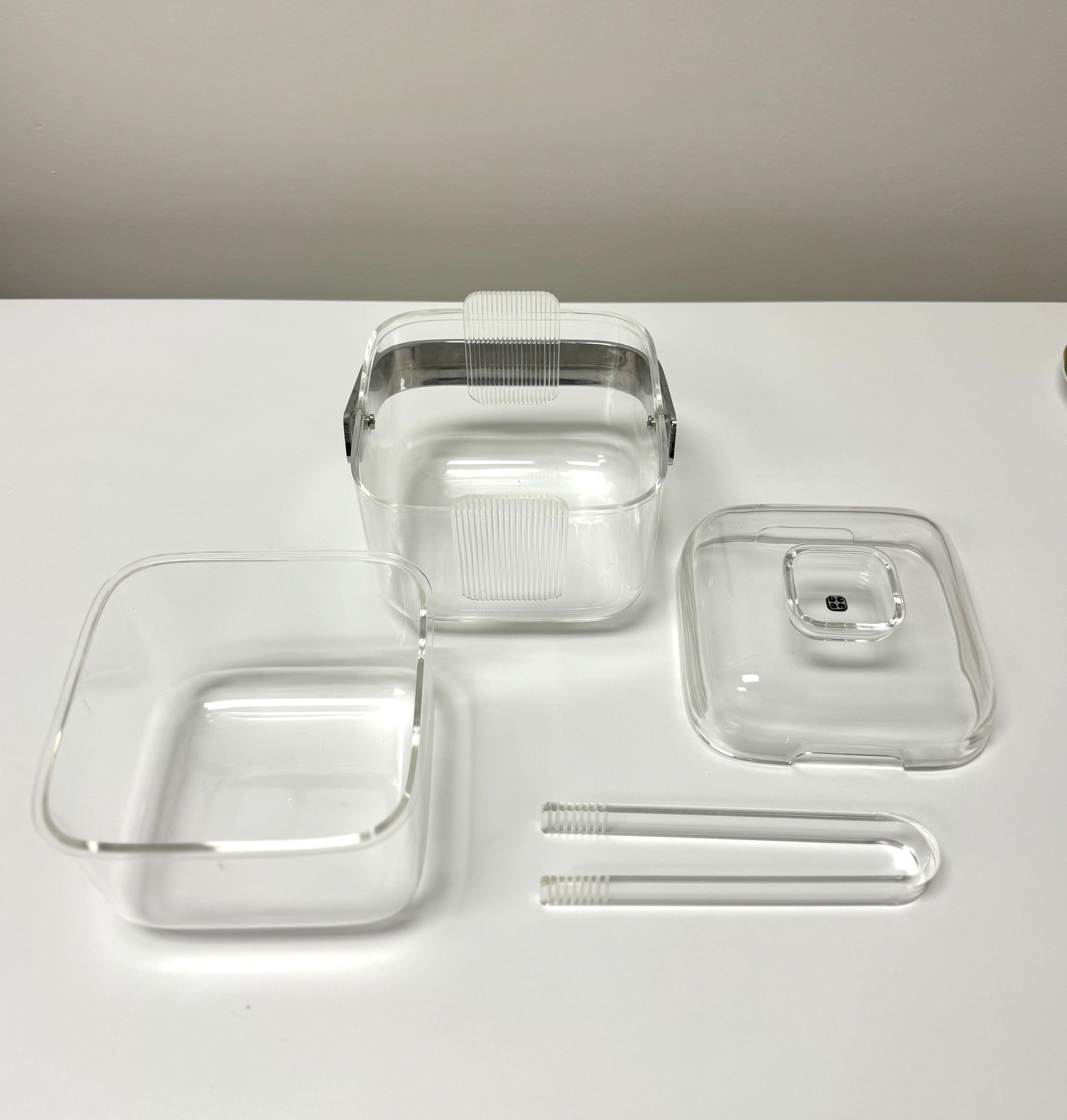 Vintage GUZZINI Lucite Ice Bucket with Liner & Tongs