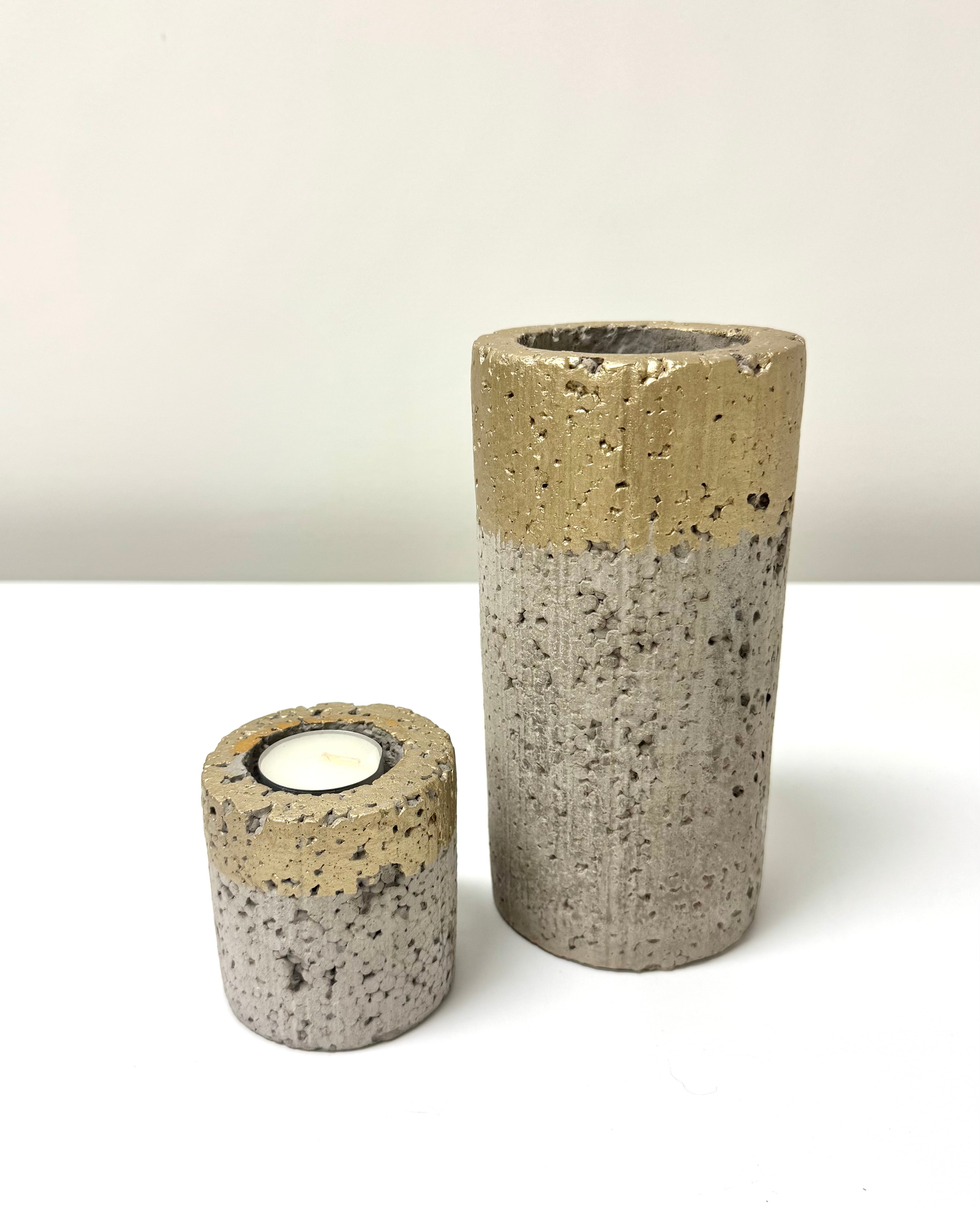 Cement Candle Holders with Gold Rim Set of 2
