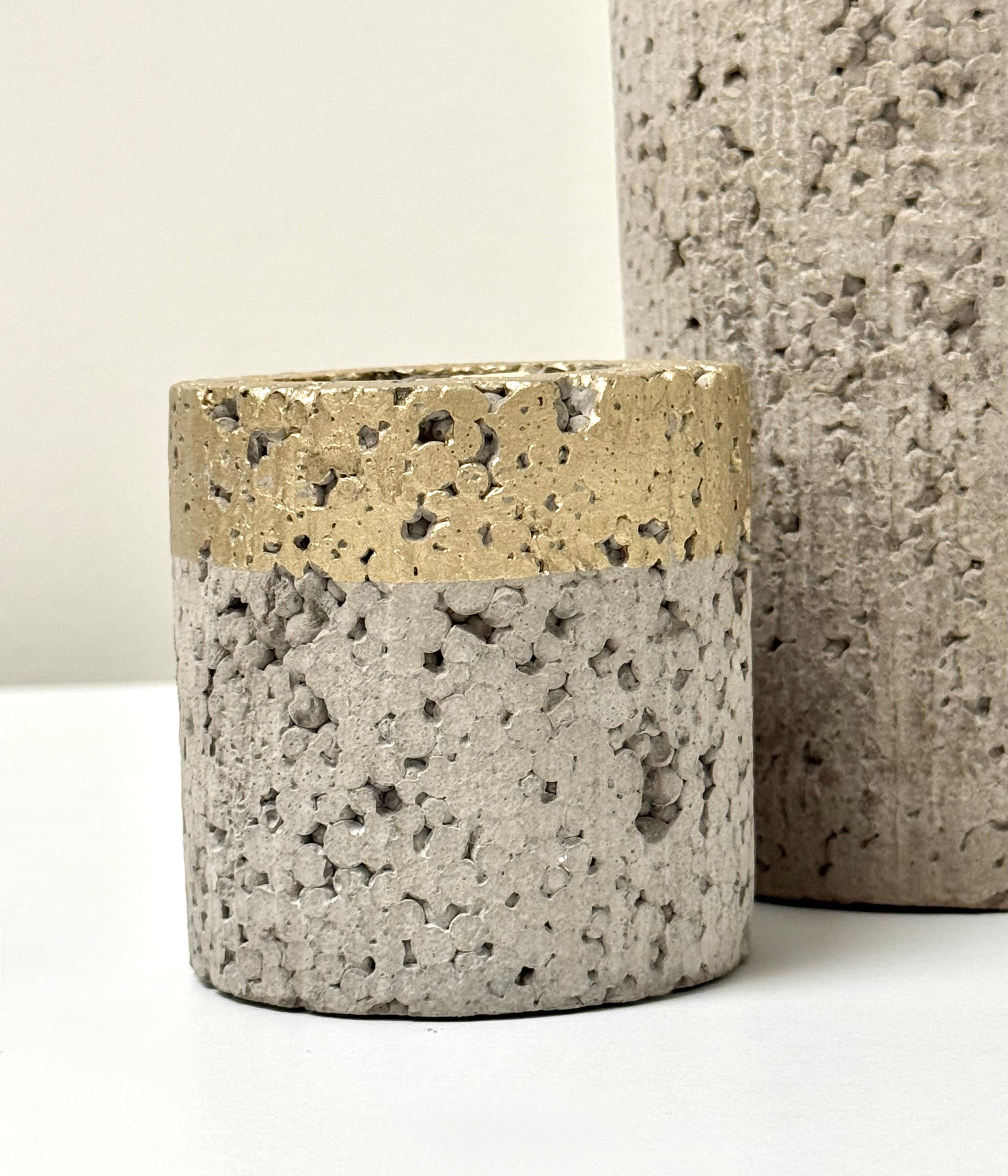 Cement Candle Holders with Gold Rim Set of 2