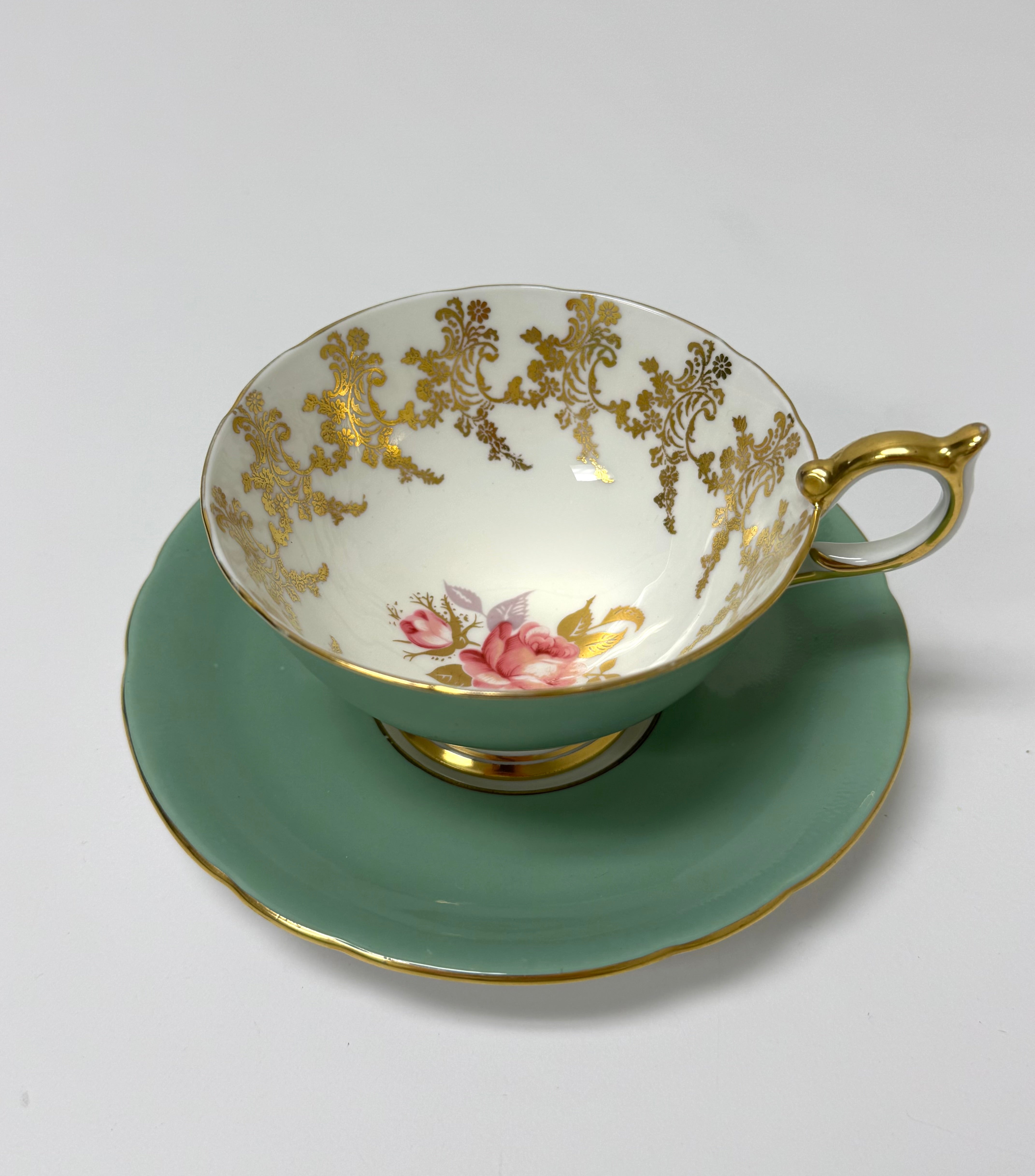 AYNSLEY Green with Gold Filigree Cup & Saucer