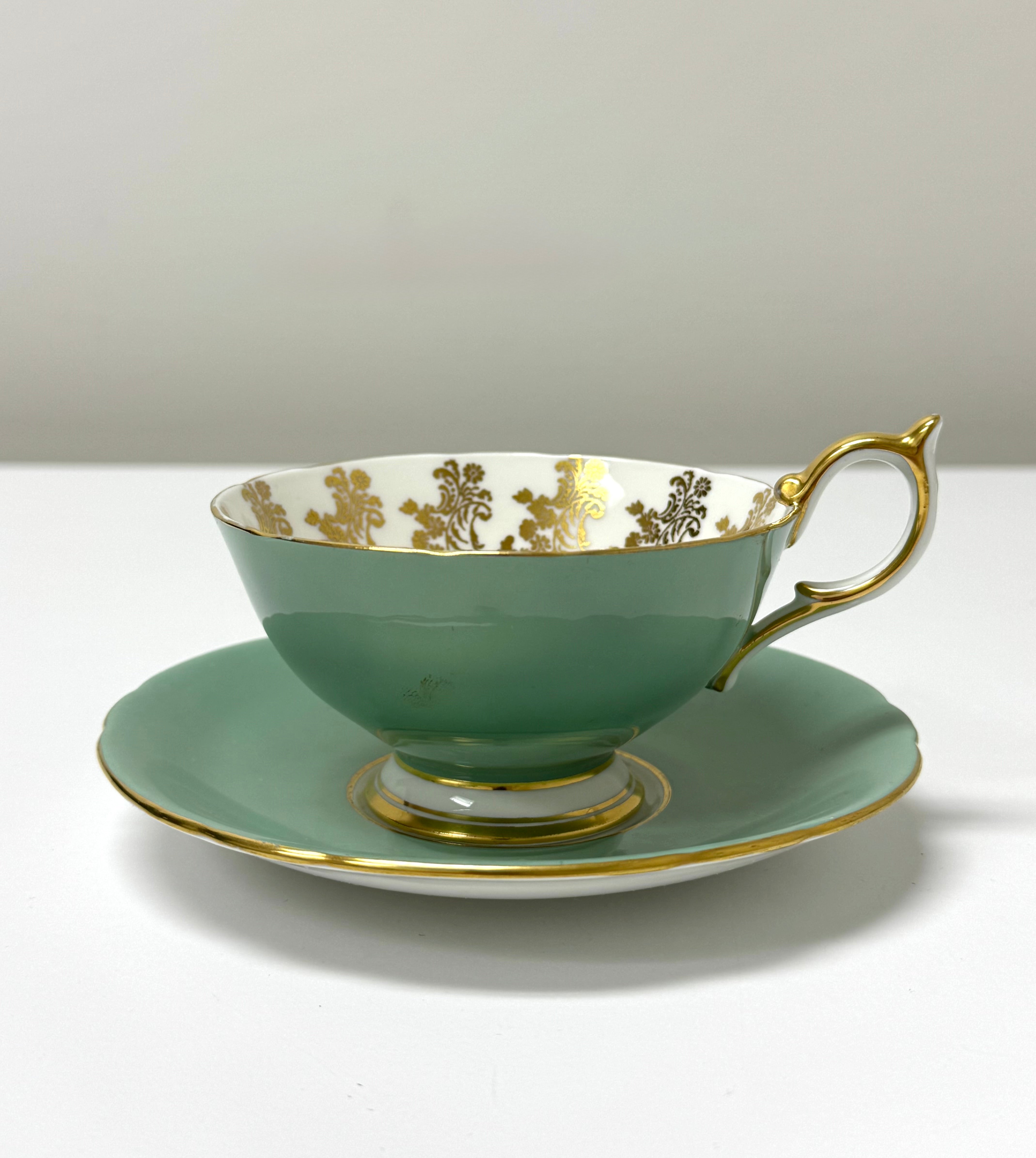AYNSLEY Green with Gold Filigree Cup & Saucer