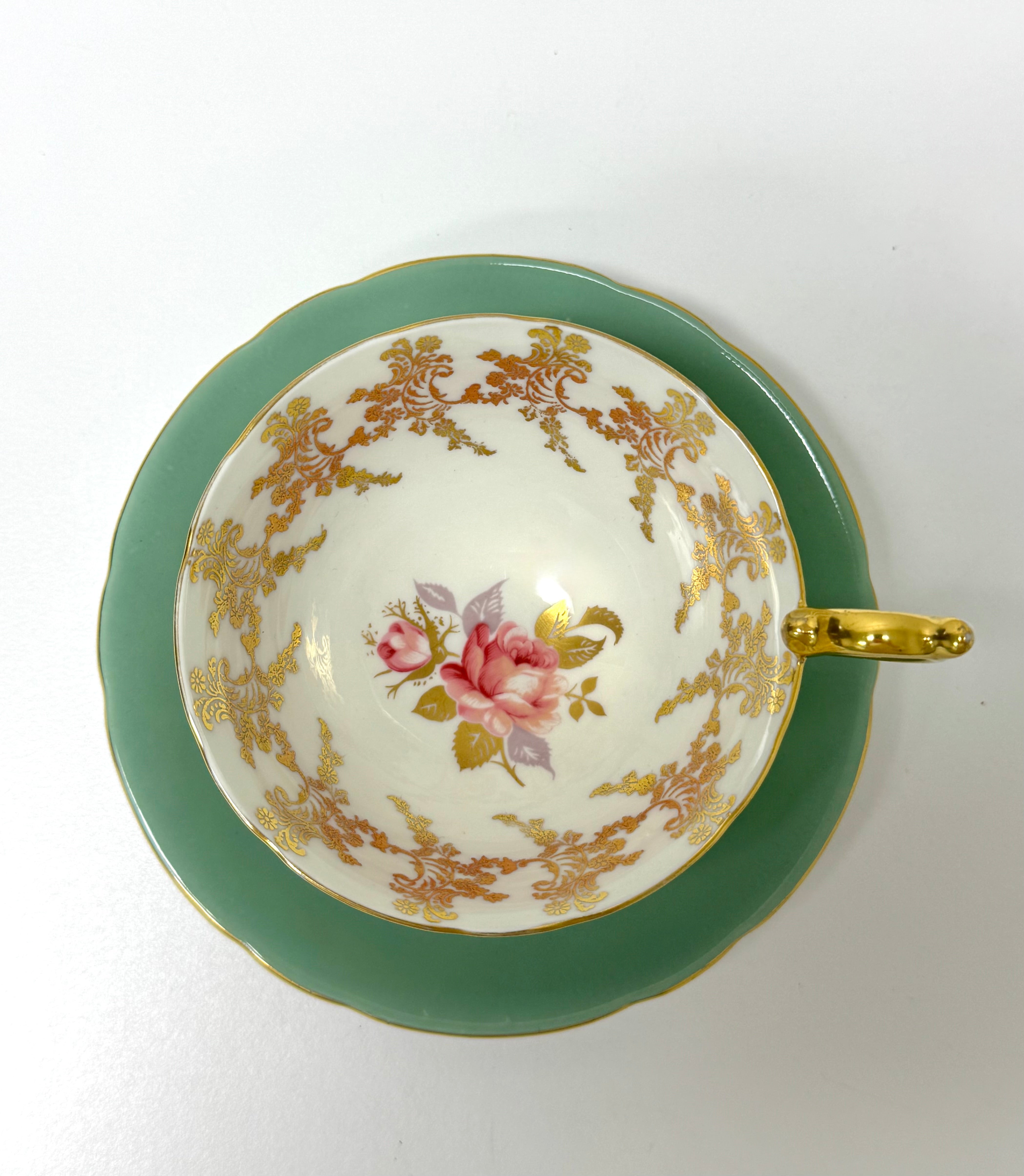 AYNSLEY Green with Gold Filigree Cup & Saucer