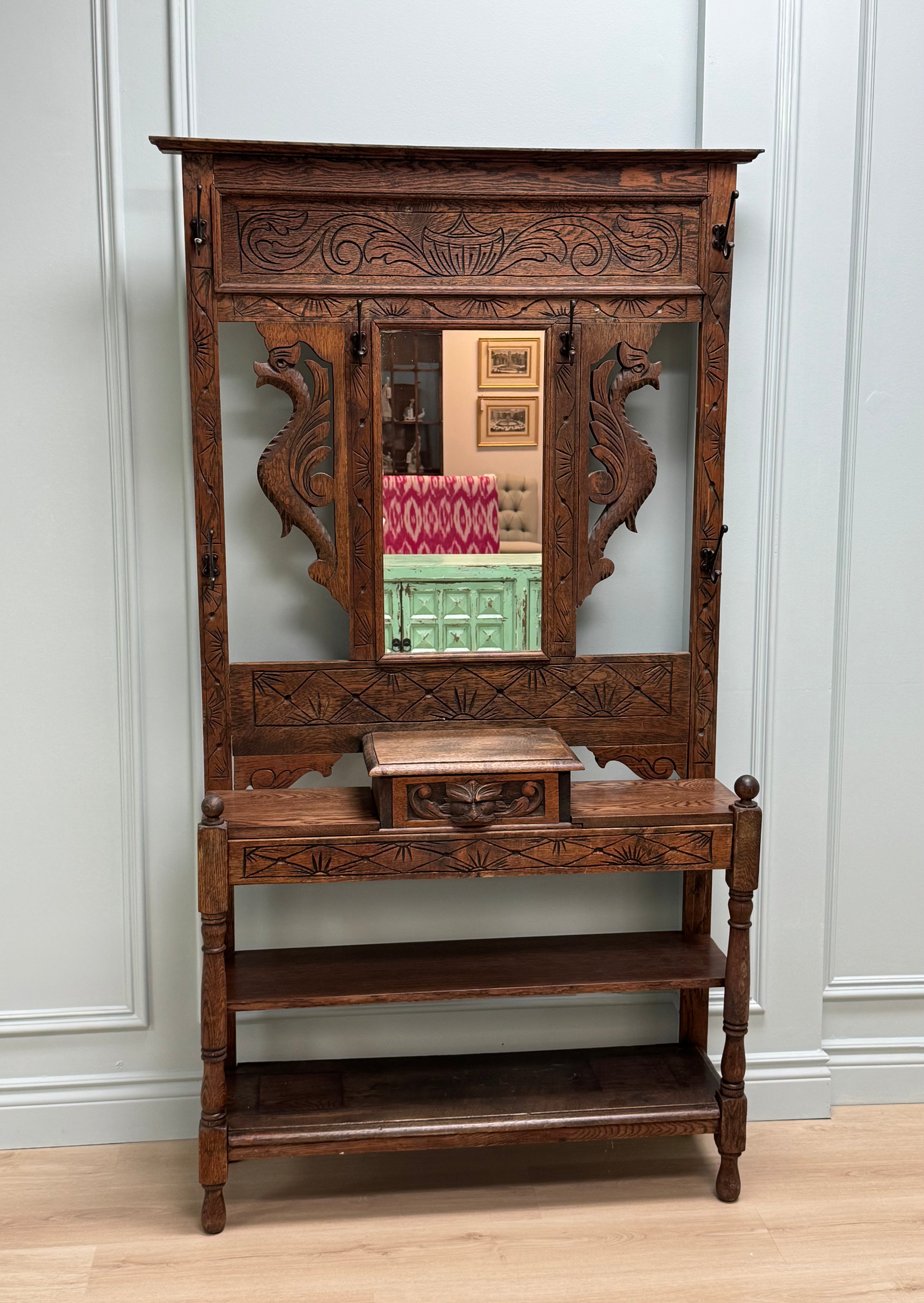 Vintage Carved Wood Hall Stand with Mirror