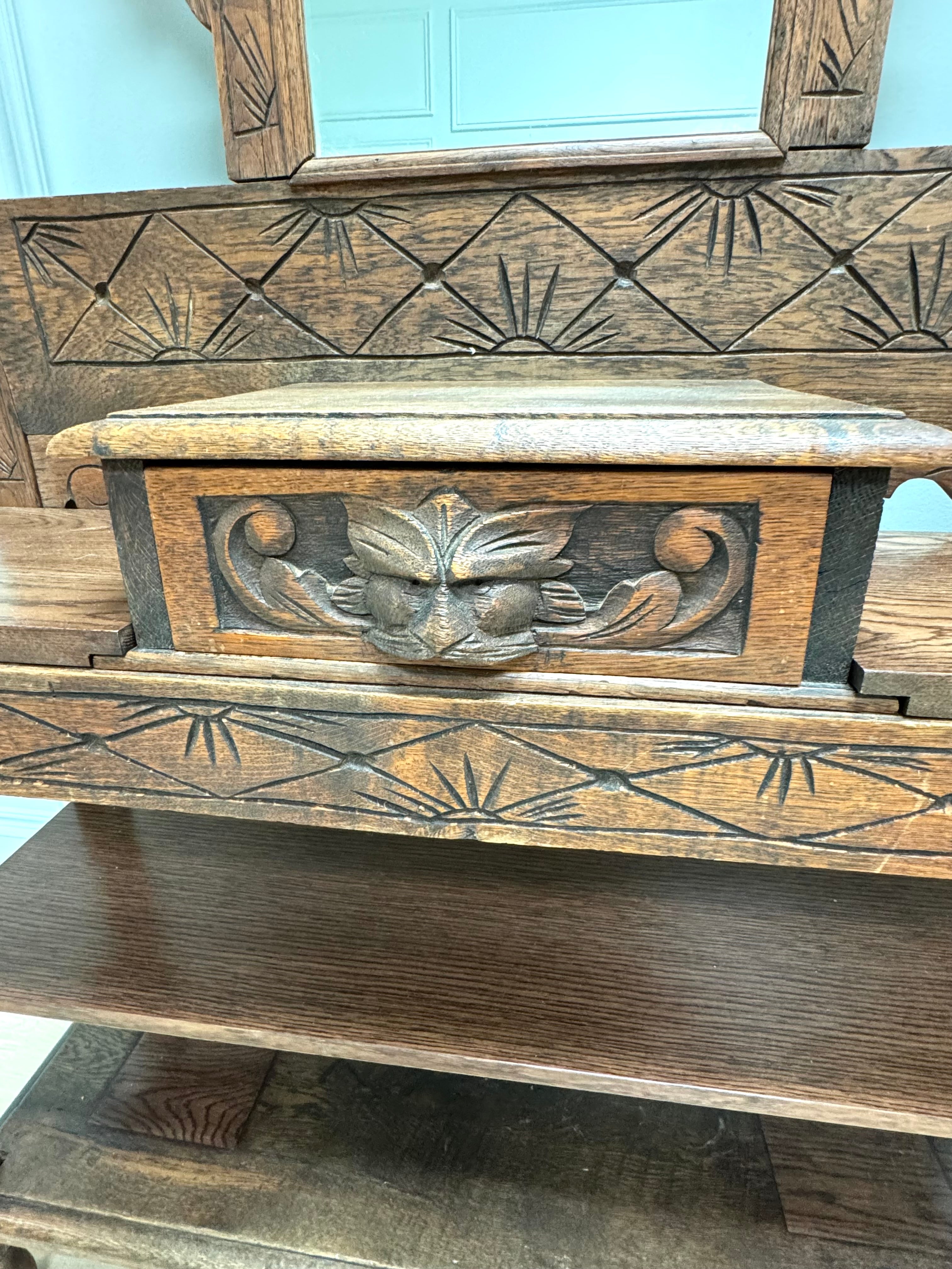 Vintage Carved Wood Hall Stand with Mirror