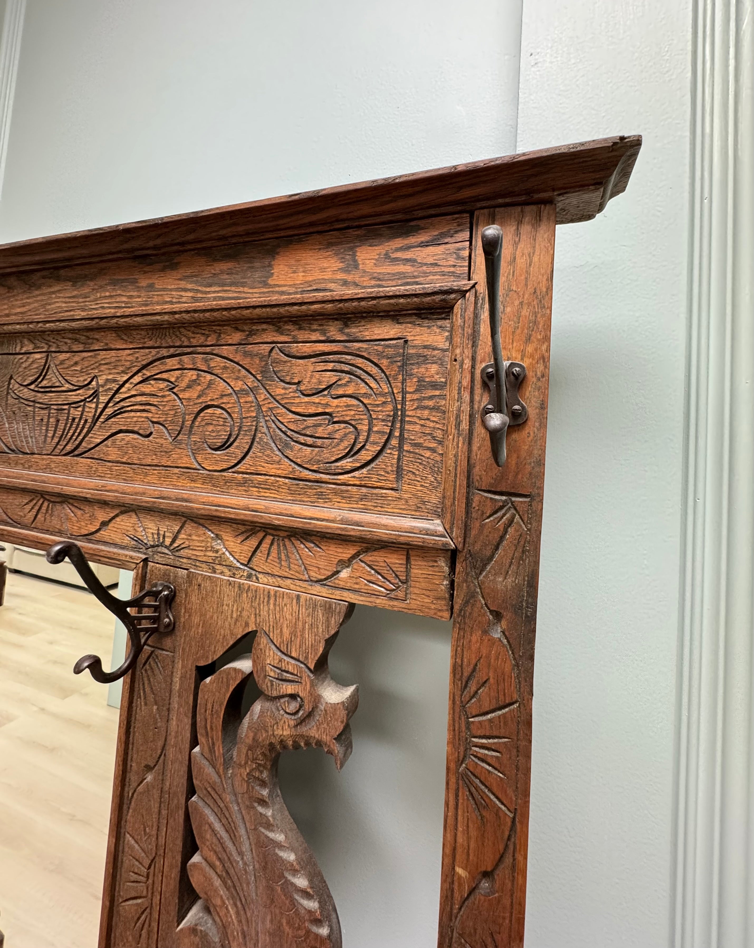 Vintage Carved Wood Hall Stand with Mirror