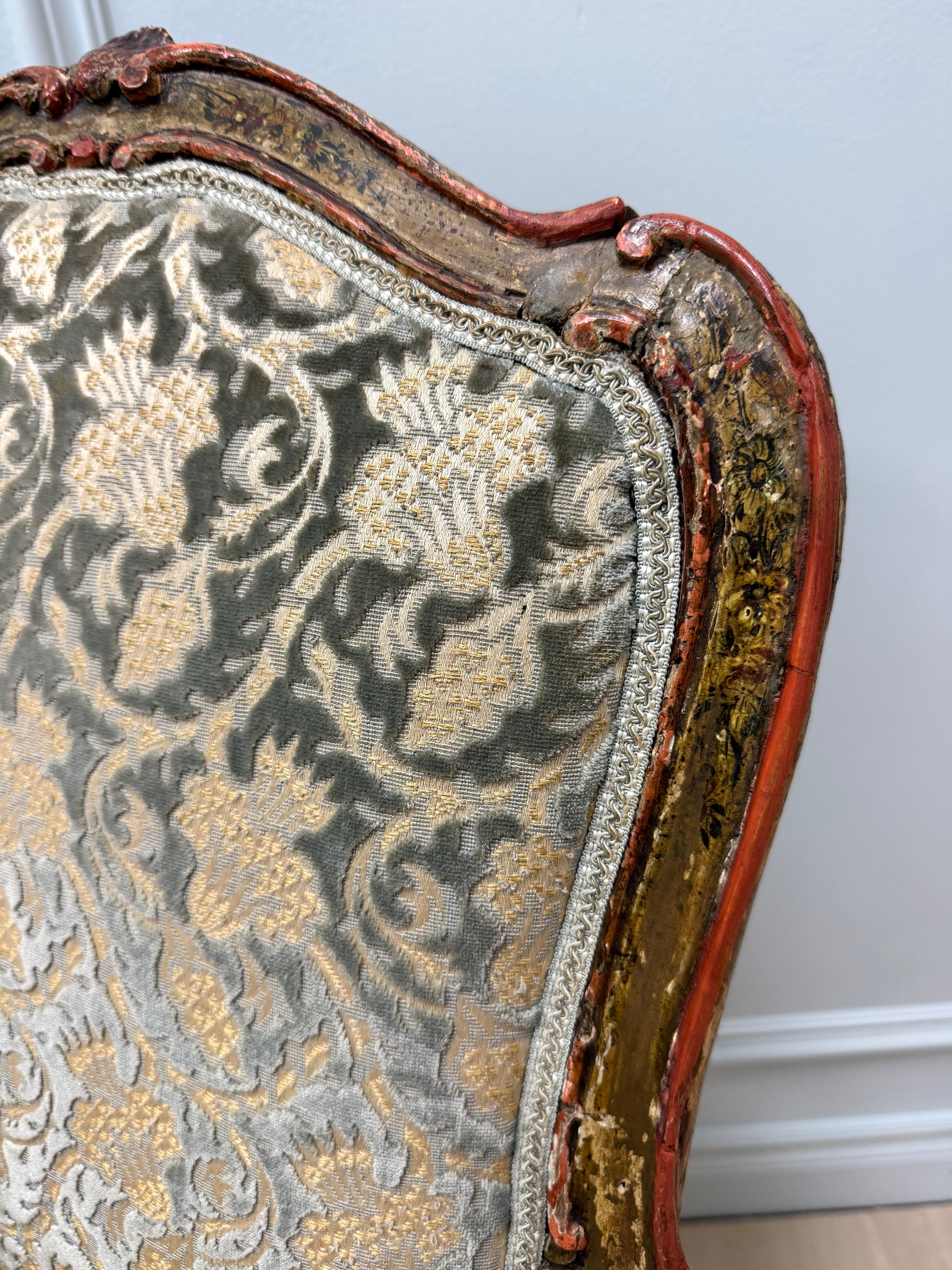 LOUIS XV Celadon & Gold Velvet Damask Chair