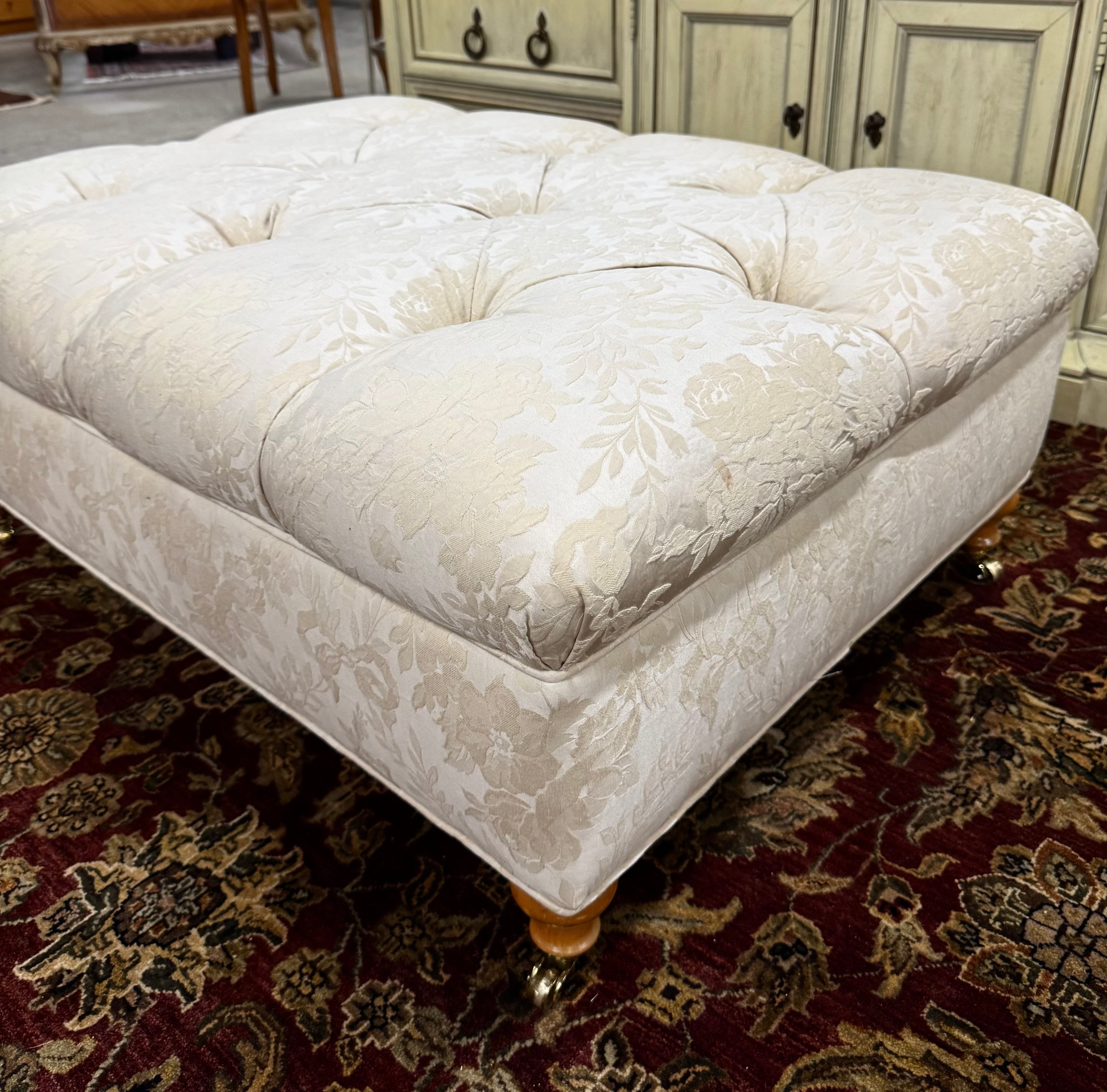 Ivory Damask Tufted Ottoman