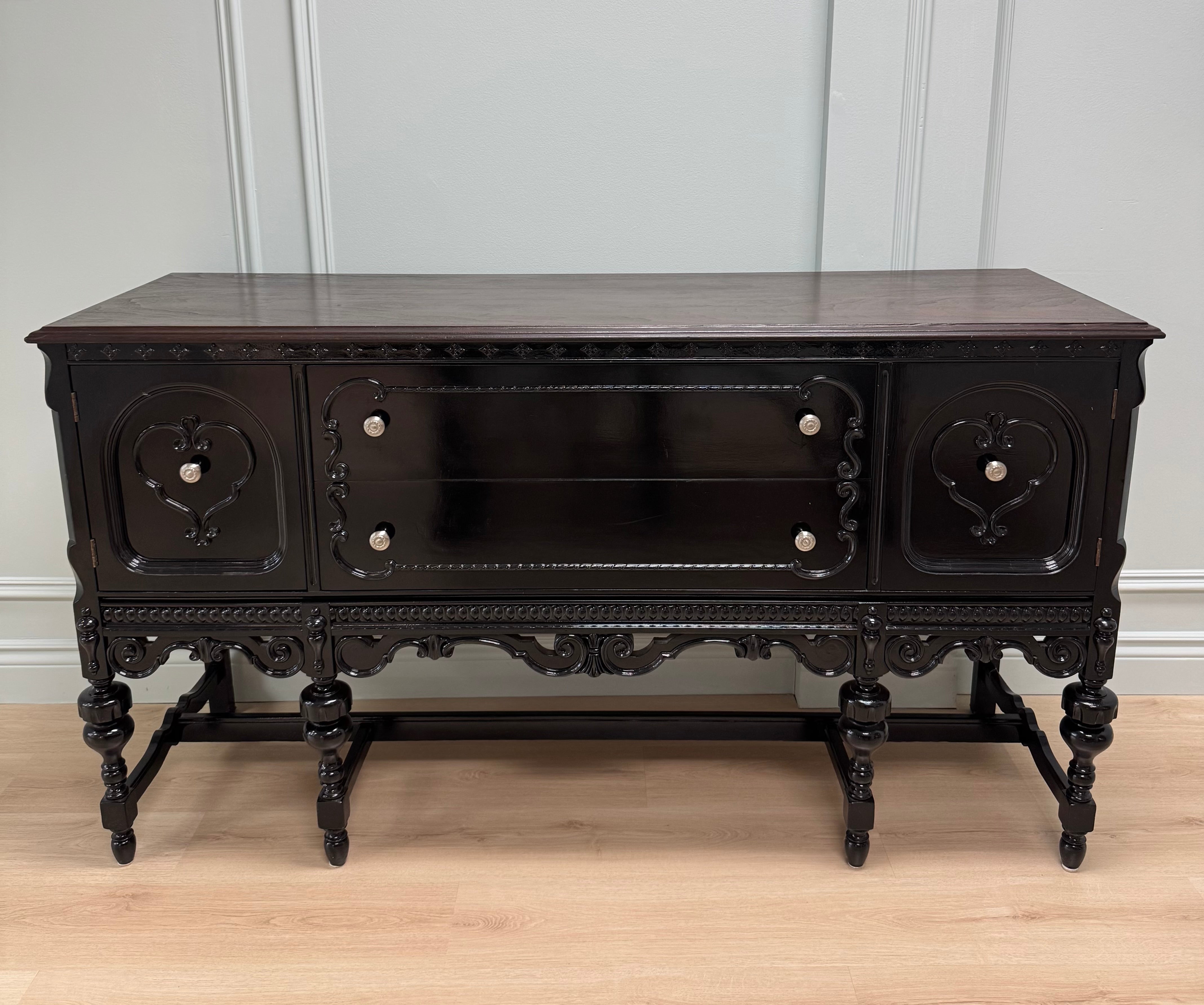 Vintage Gloss Black Sideboard with Dark Wood Top