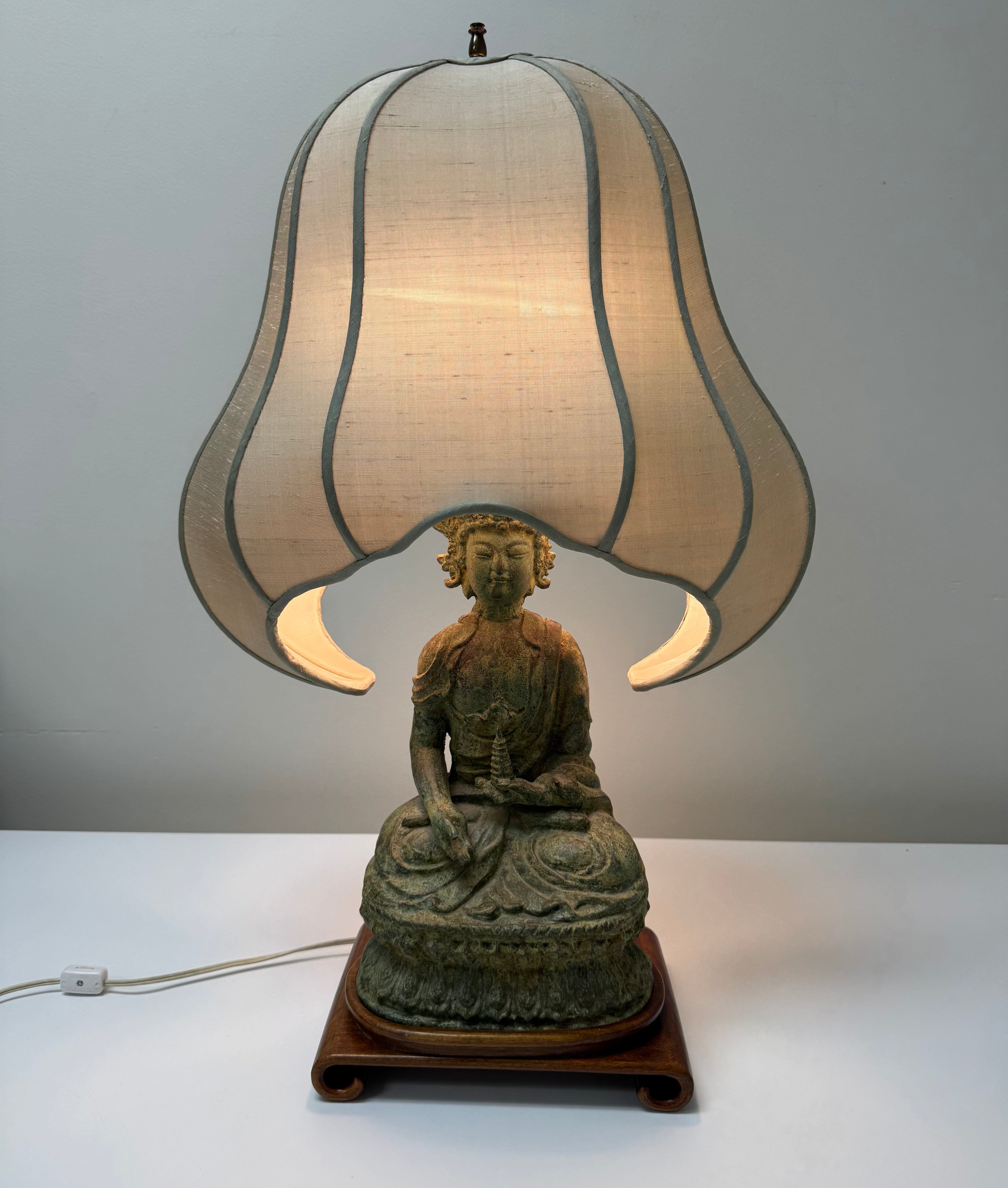 RARE Vintage Buddha Lamp with Green Silk Pagoda Shade