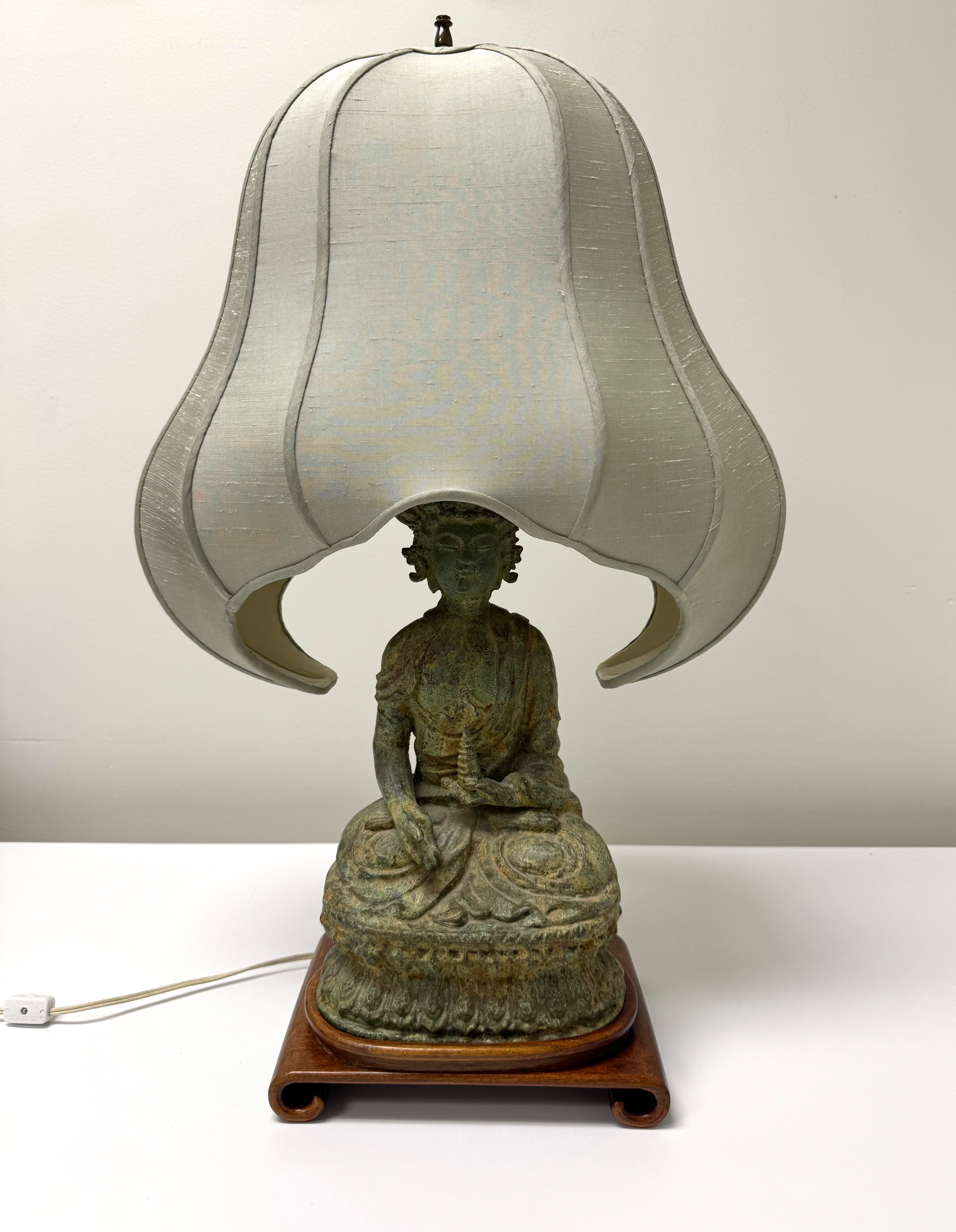 RARE Vintage Buddha Lamp with Green Silk Pagoda Shade