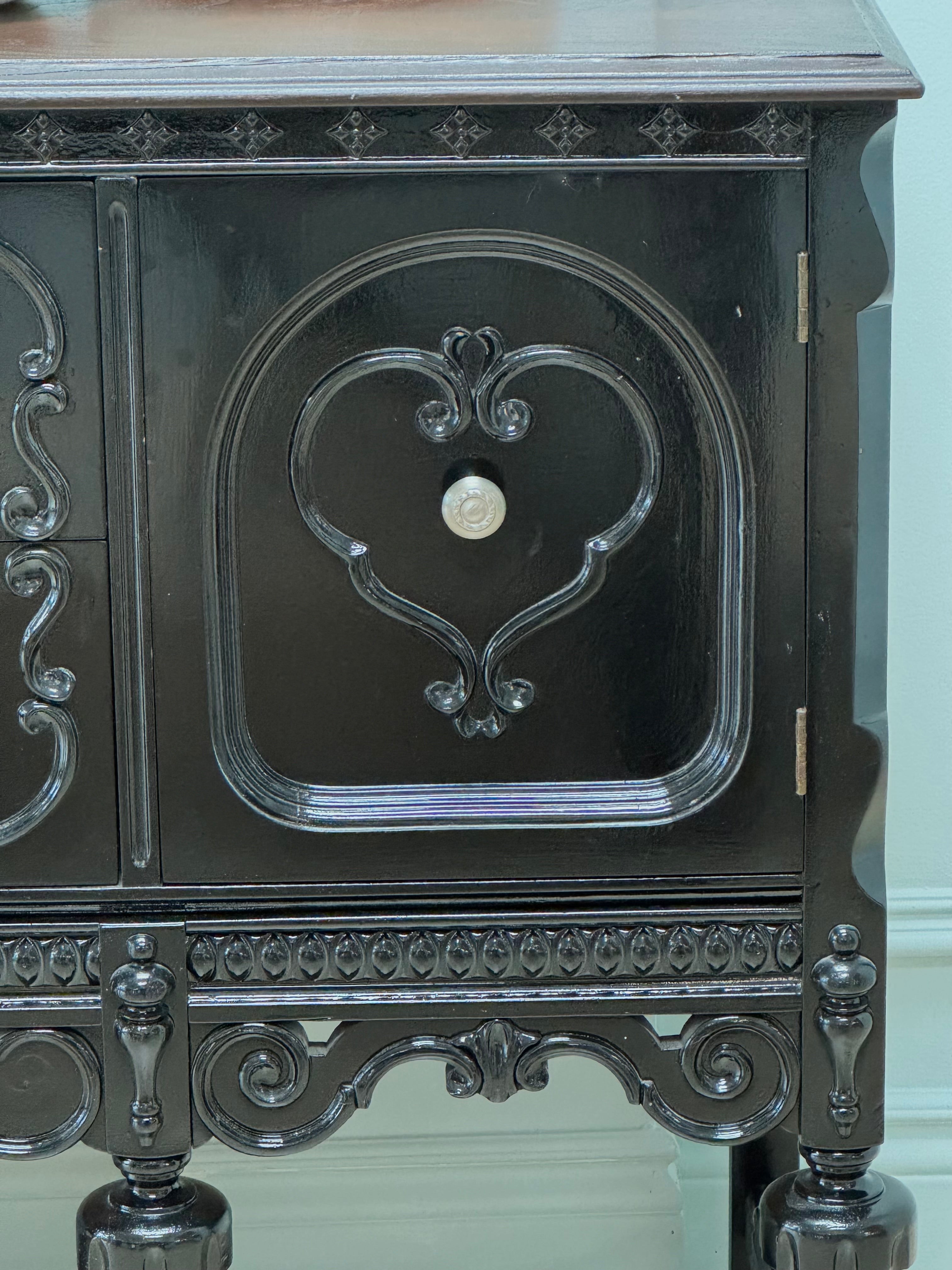 Vintage Gloss Black Sideboard with Dark Wood Top
