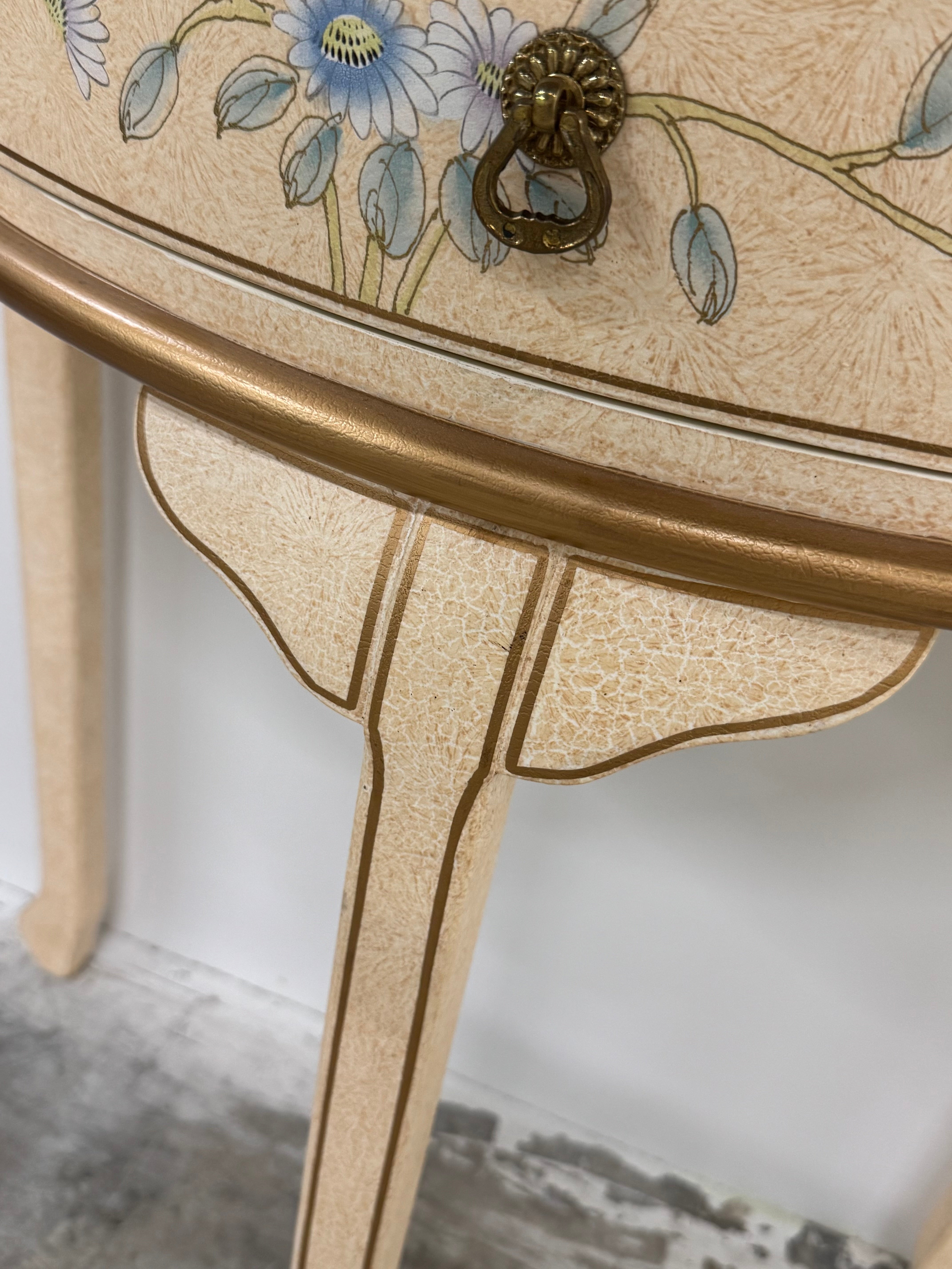 Crackled Ivory Floral 29" Demi-lune Hall Table