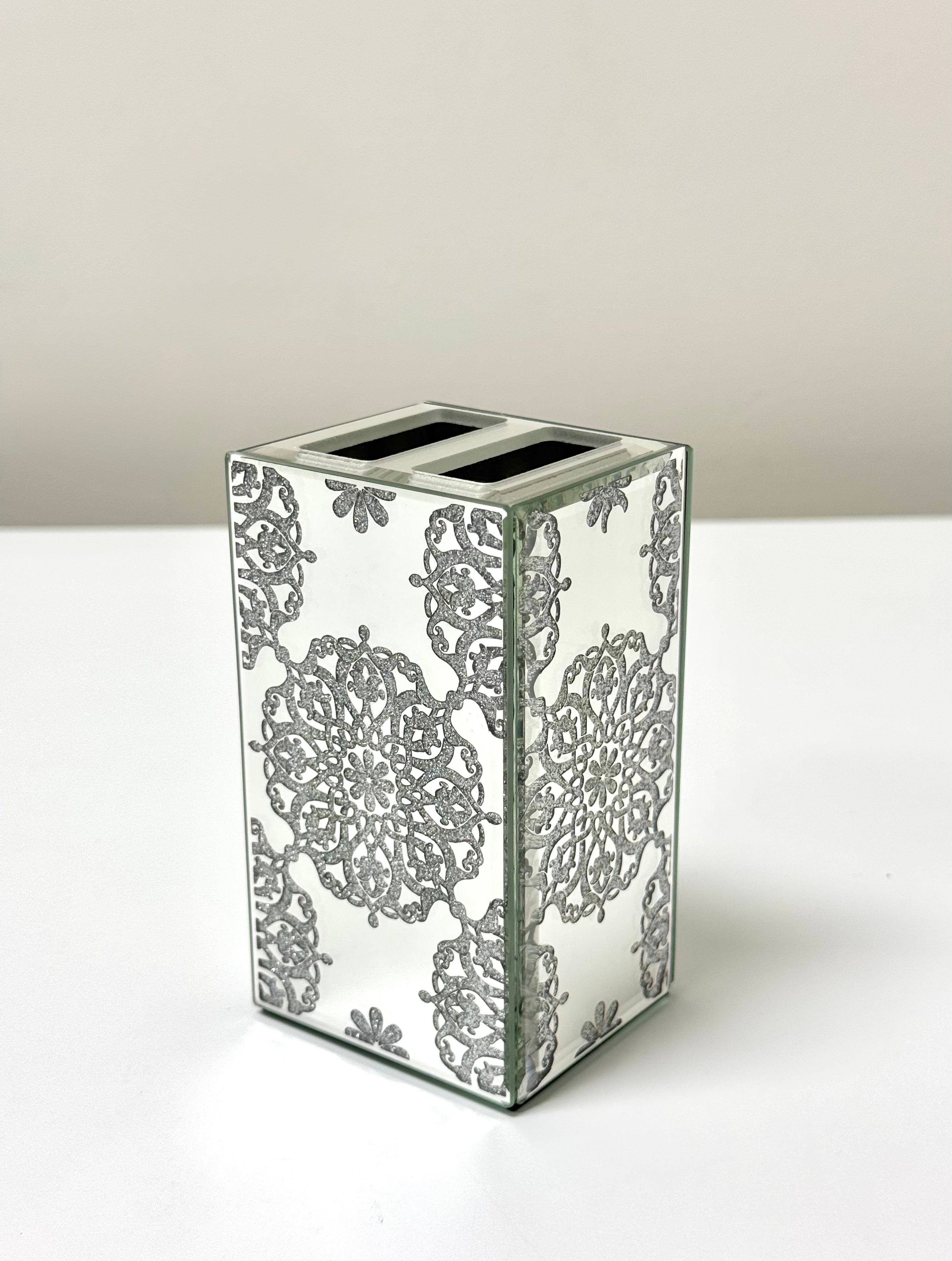 NEW Glitter Floral Medallion Beveled Mirror Brush Holder