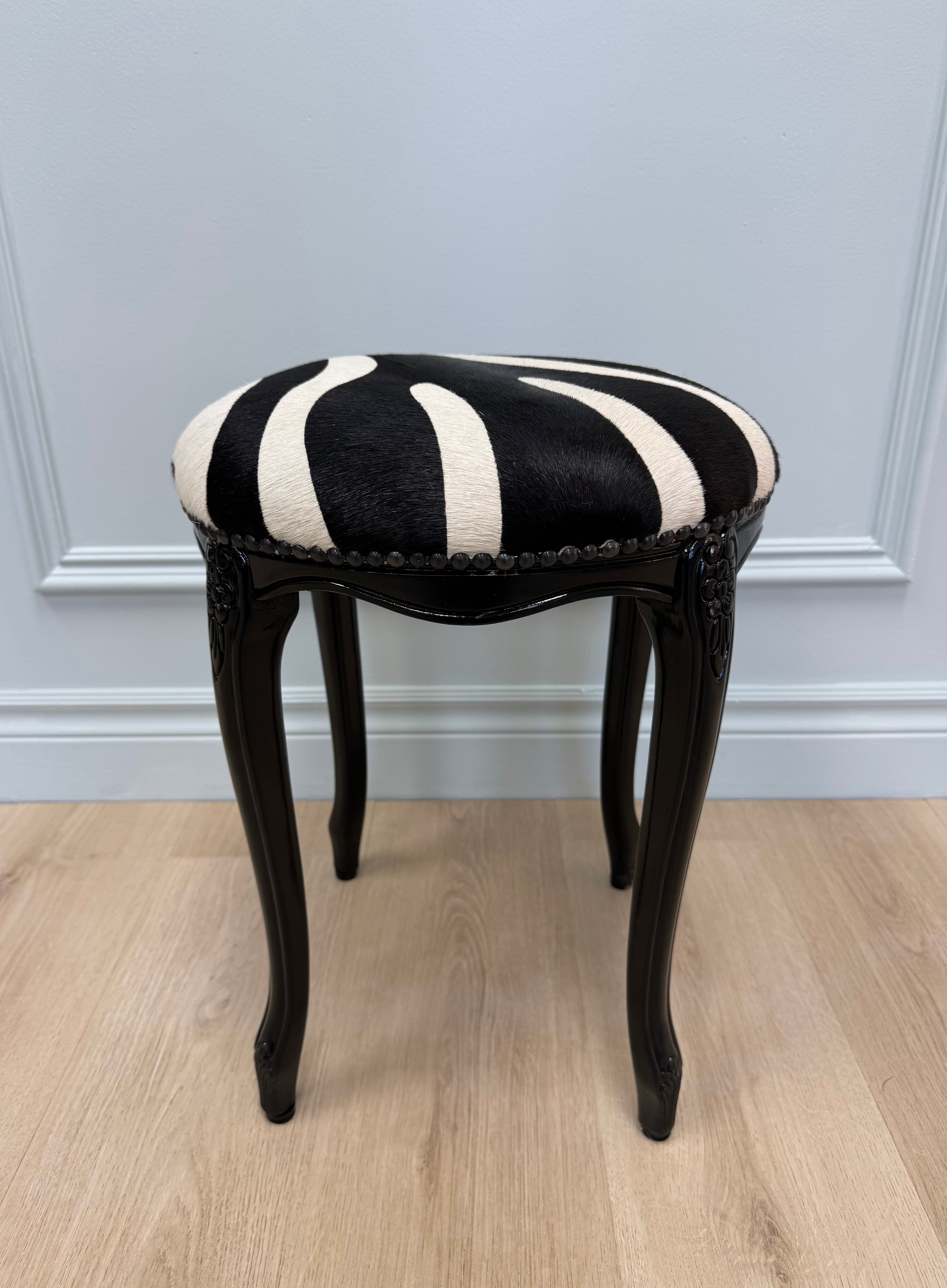 NEW! Gloss Black Zebra Cowhide Stool