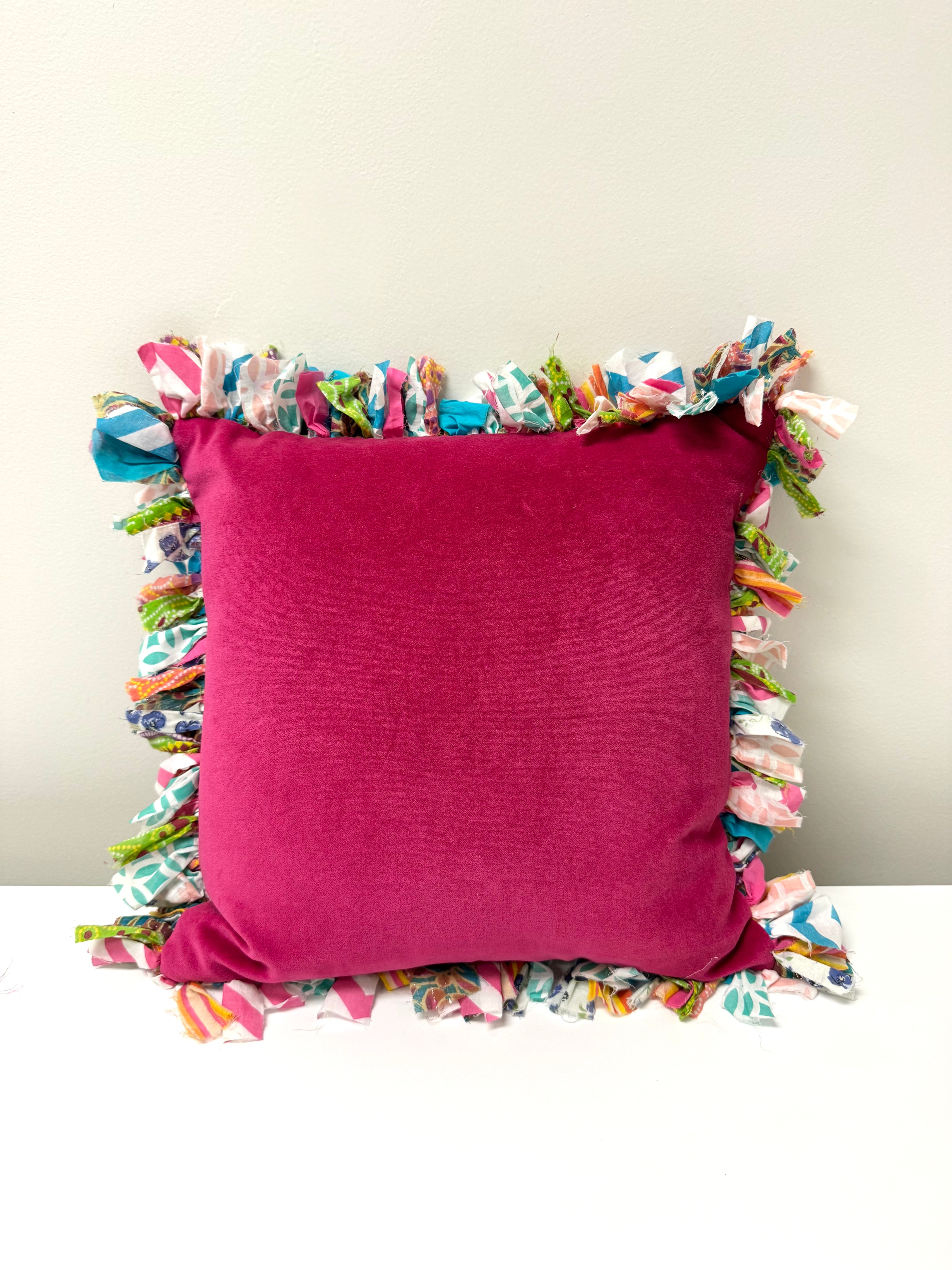 Fuchsia Velvet 16" Pillow with Rag Fringe