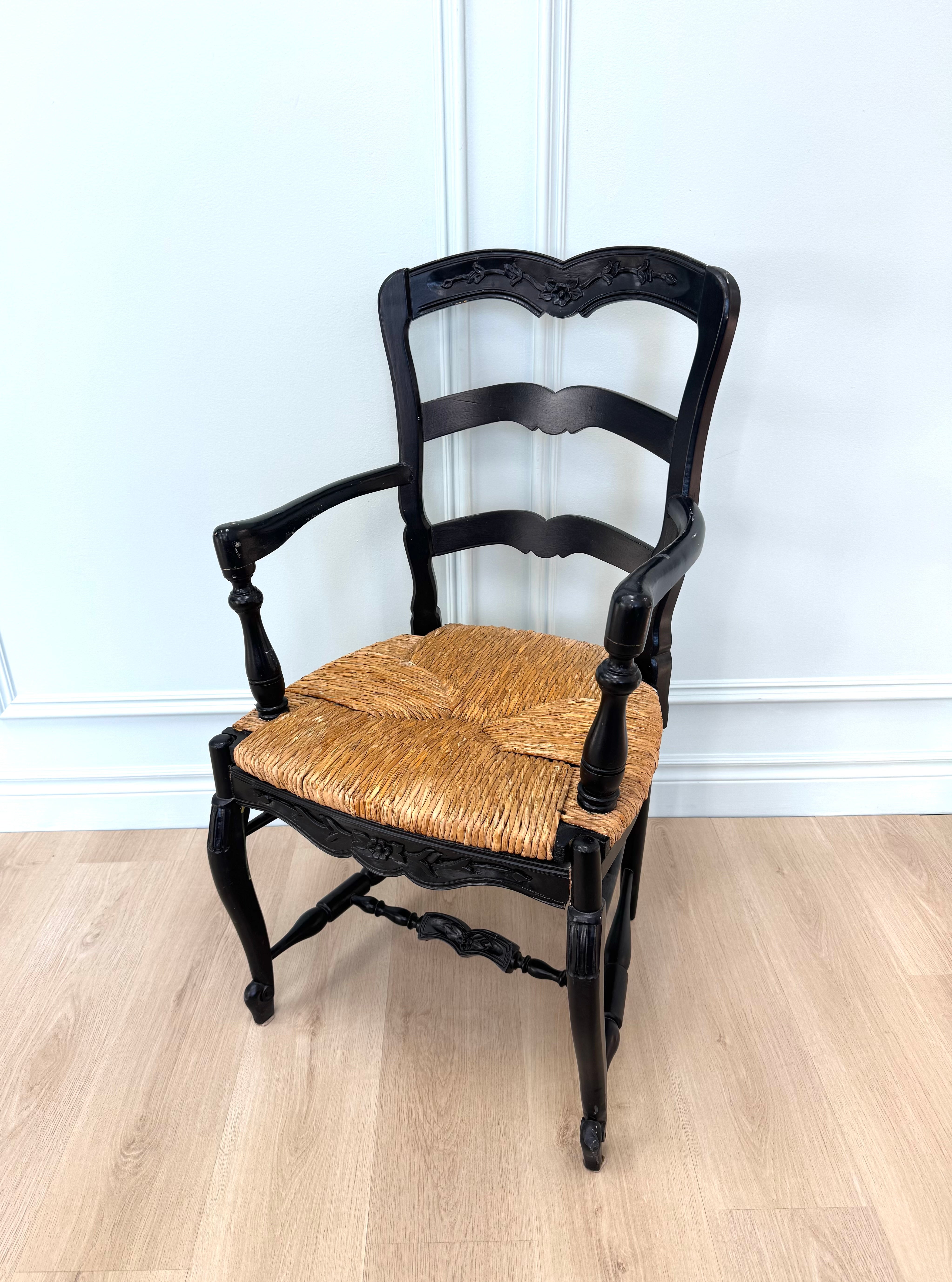 French Country Black Ladderback Chair with Rush Seat