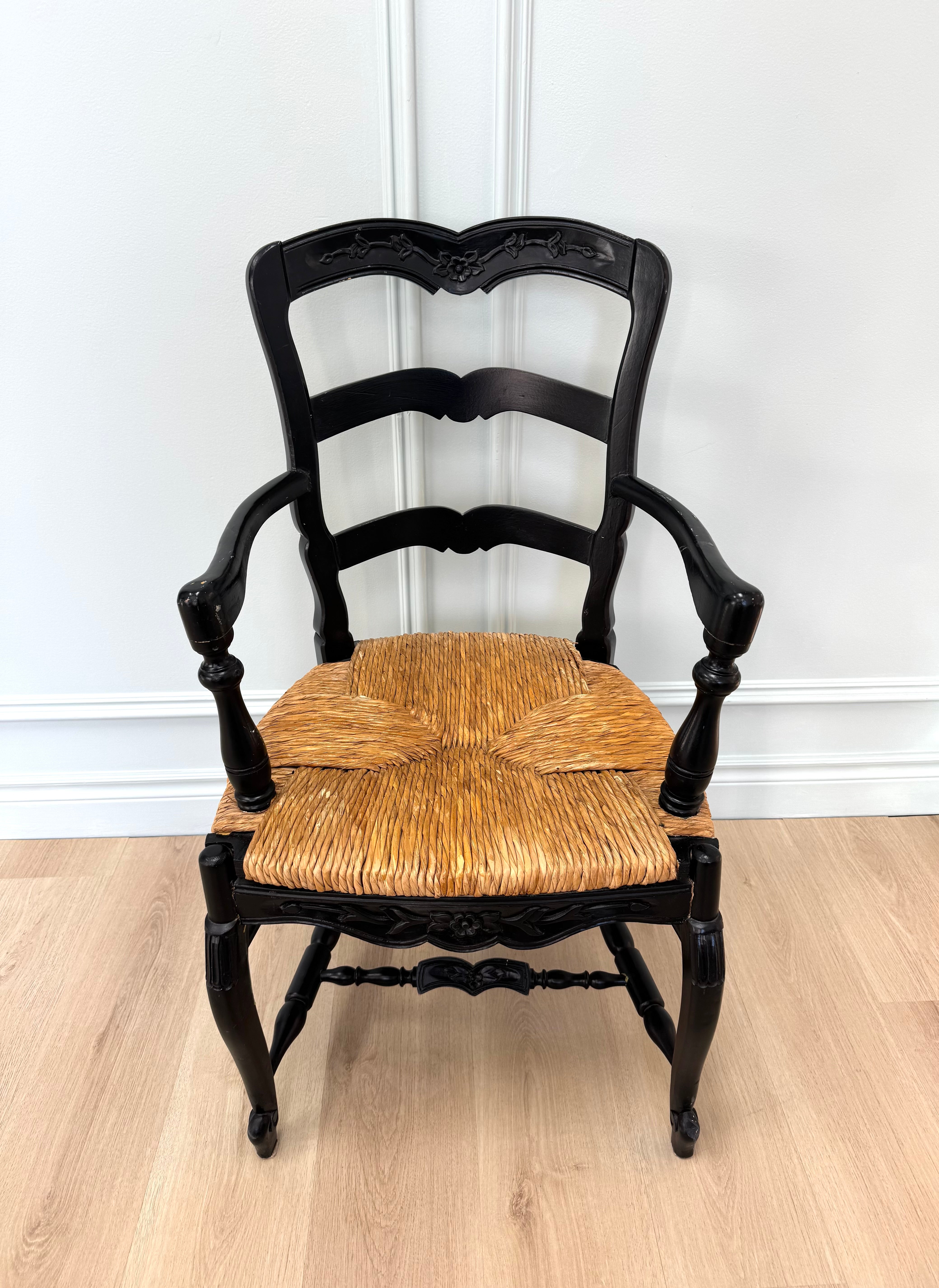 French Country Black Ladderback Chair with Rush Seat
