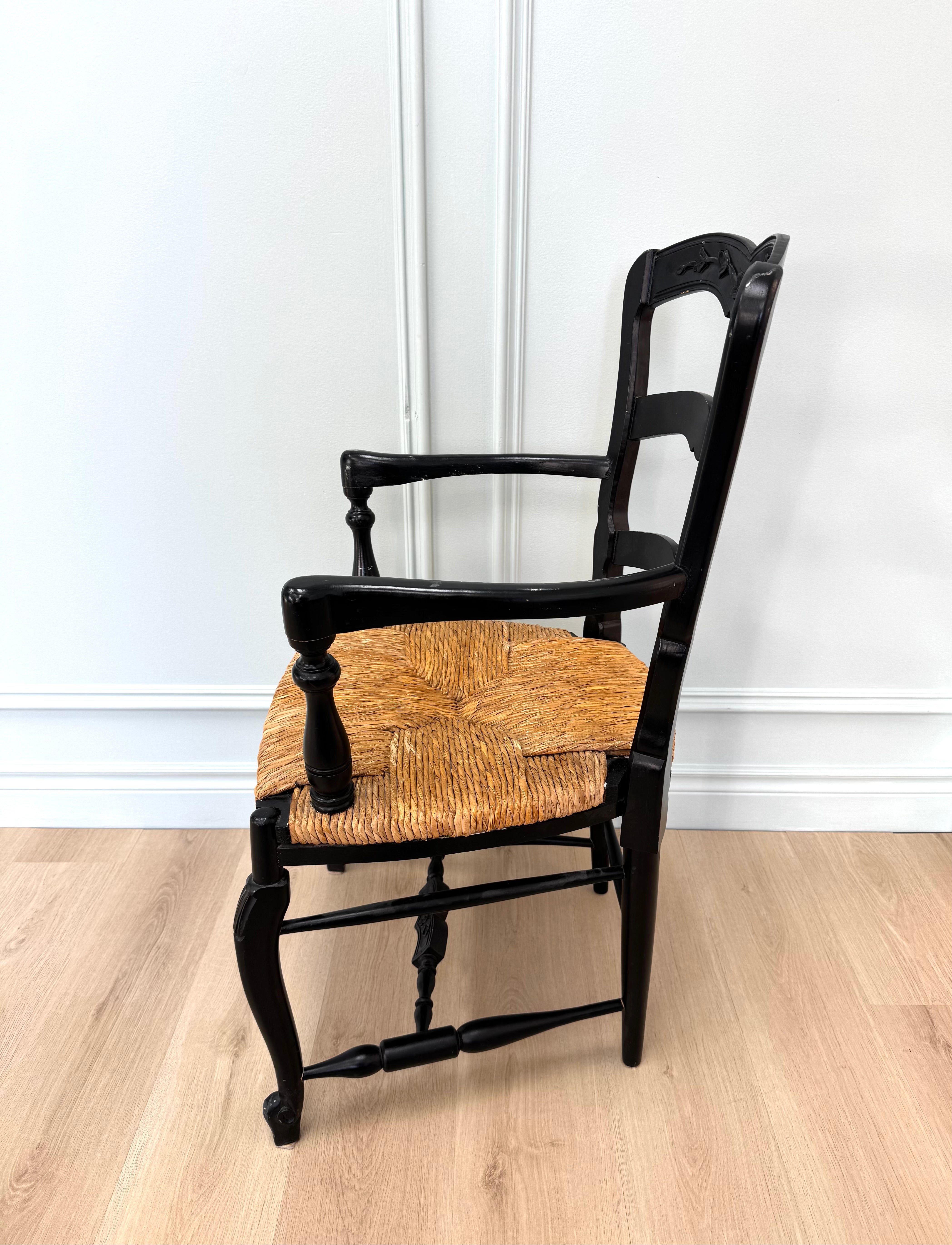 French Country Black Ladderback Chair with Rush Seat