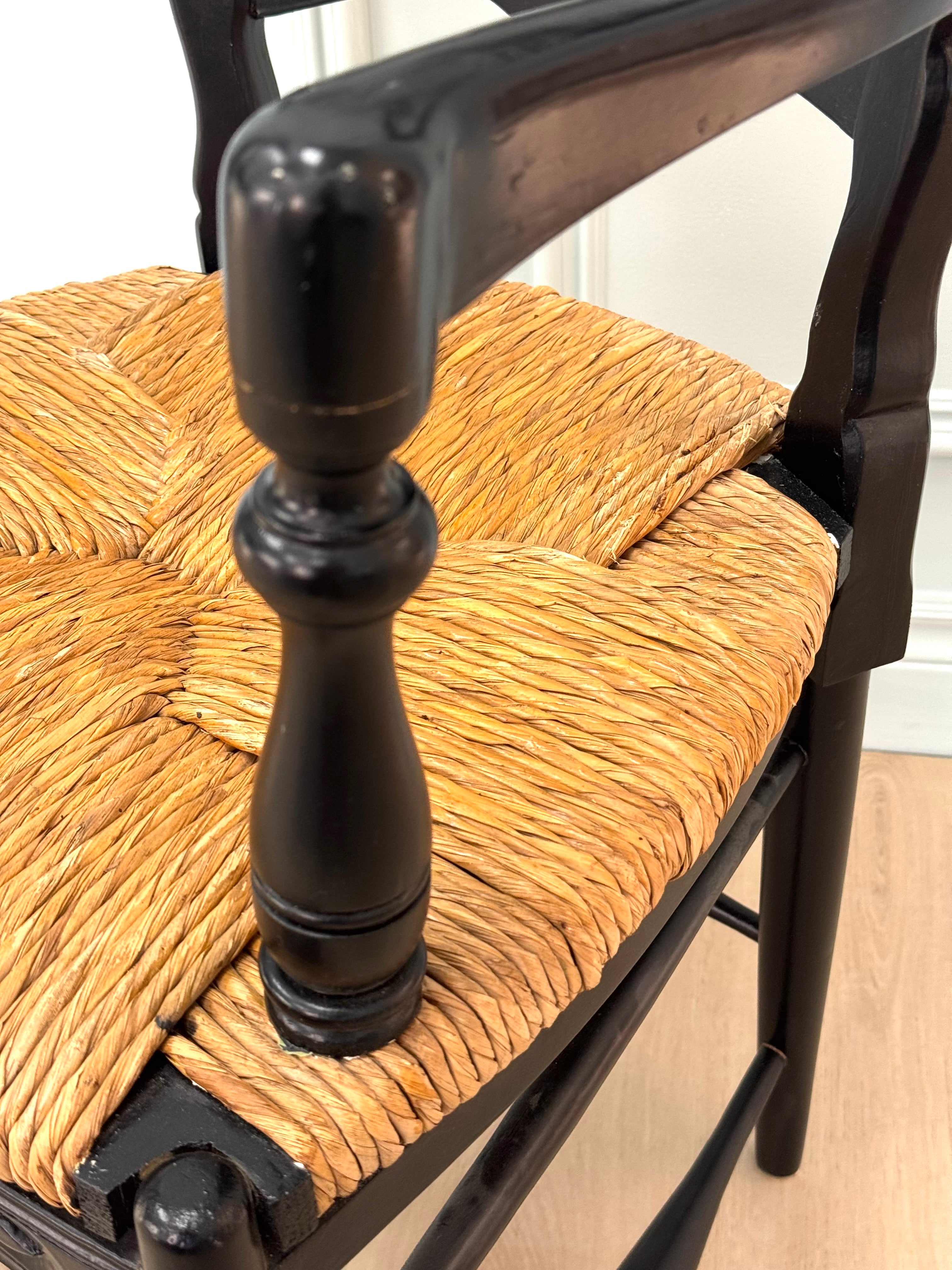 French Country Black Ladderback Chair with Rush Seat