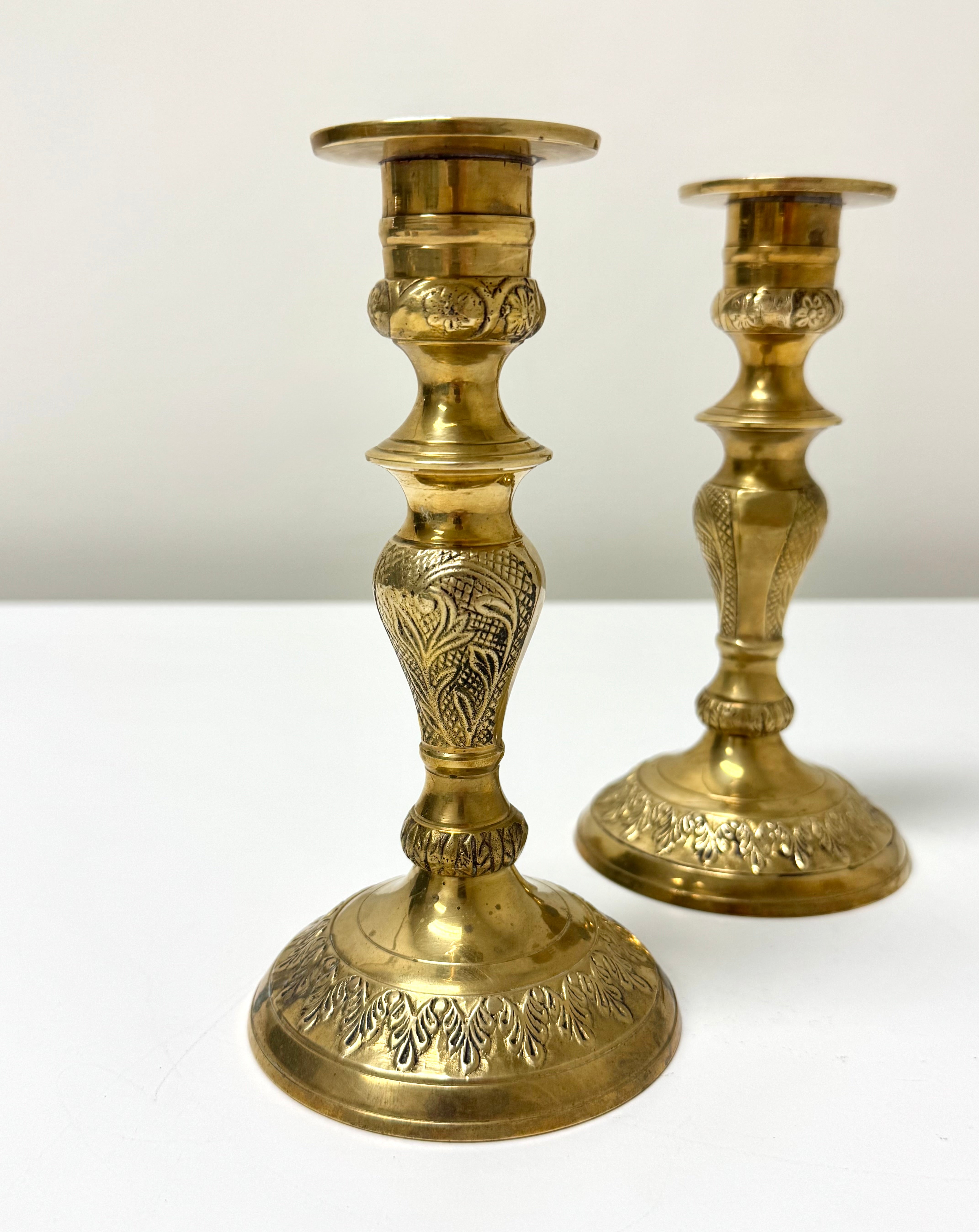 Vintage Aged Brass Embossed Candle Holders Set of 2