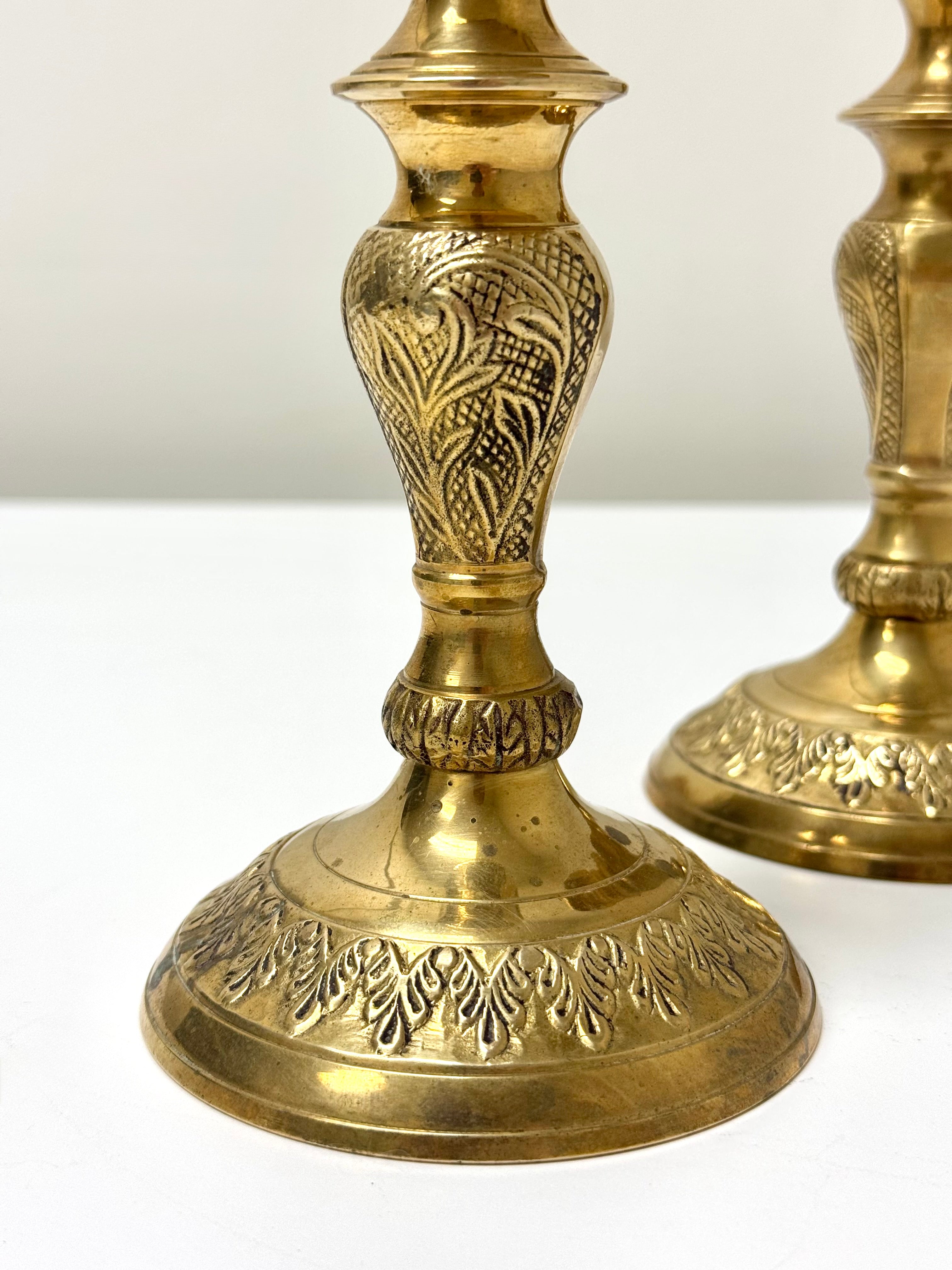 Vintage Aged Brass Embossed Candle Holders Set of 2