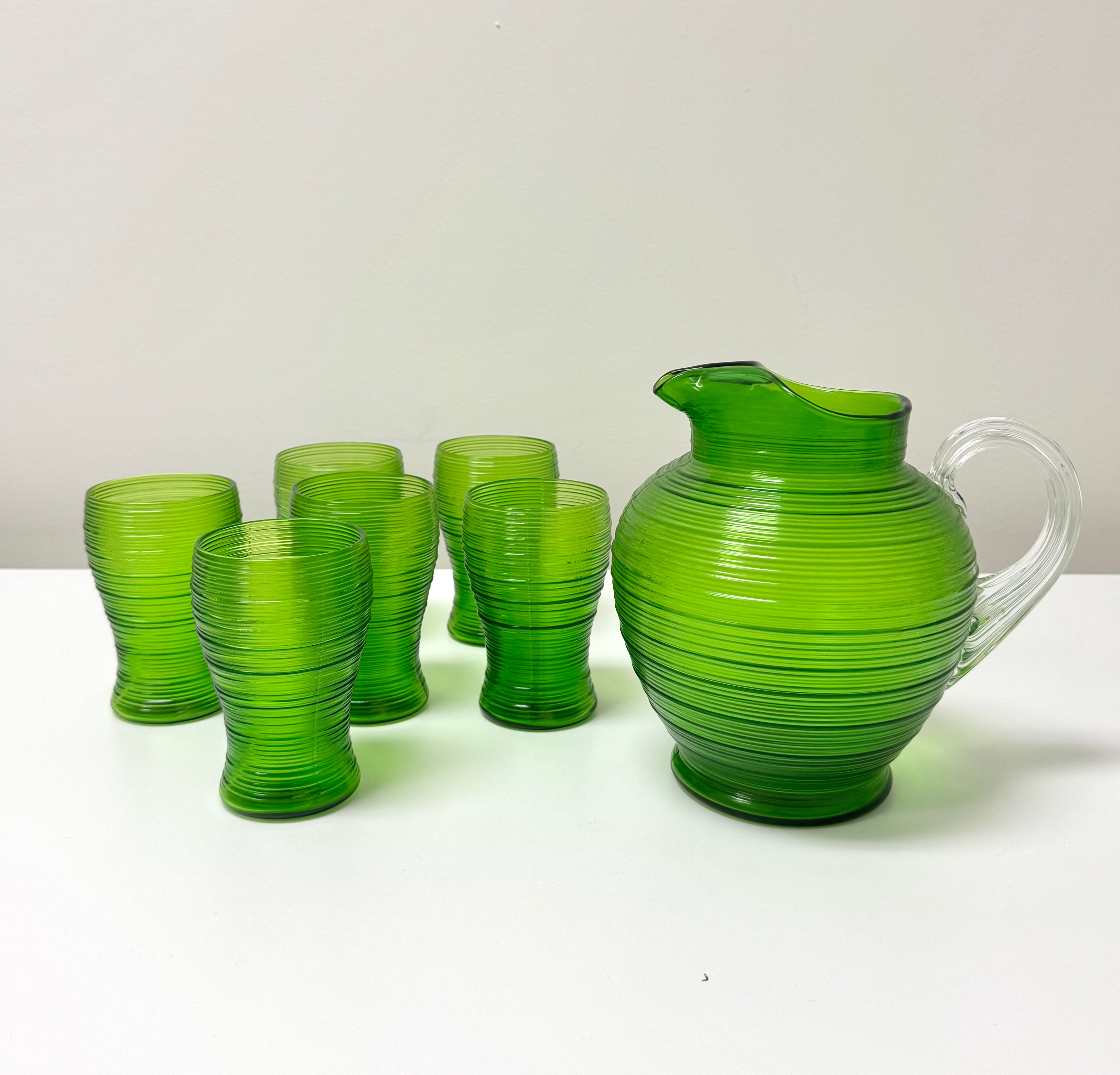 Vintage Emerald Green Ribbed Glass Pitcher & 6 Glasses
