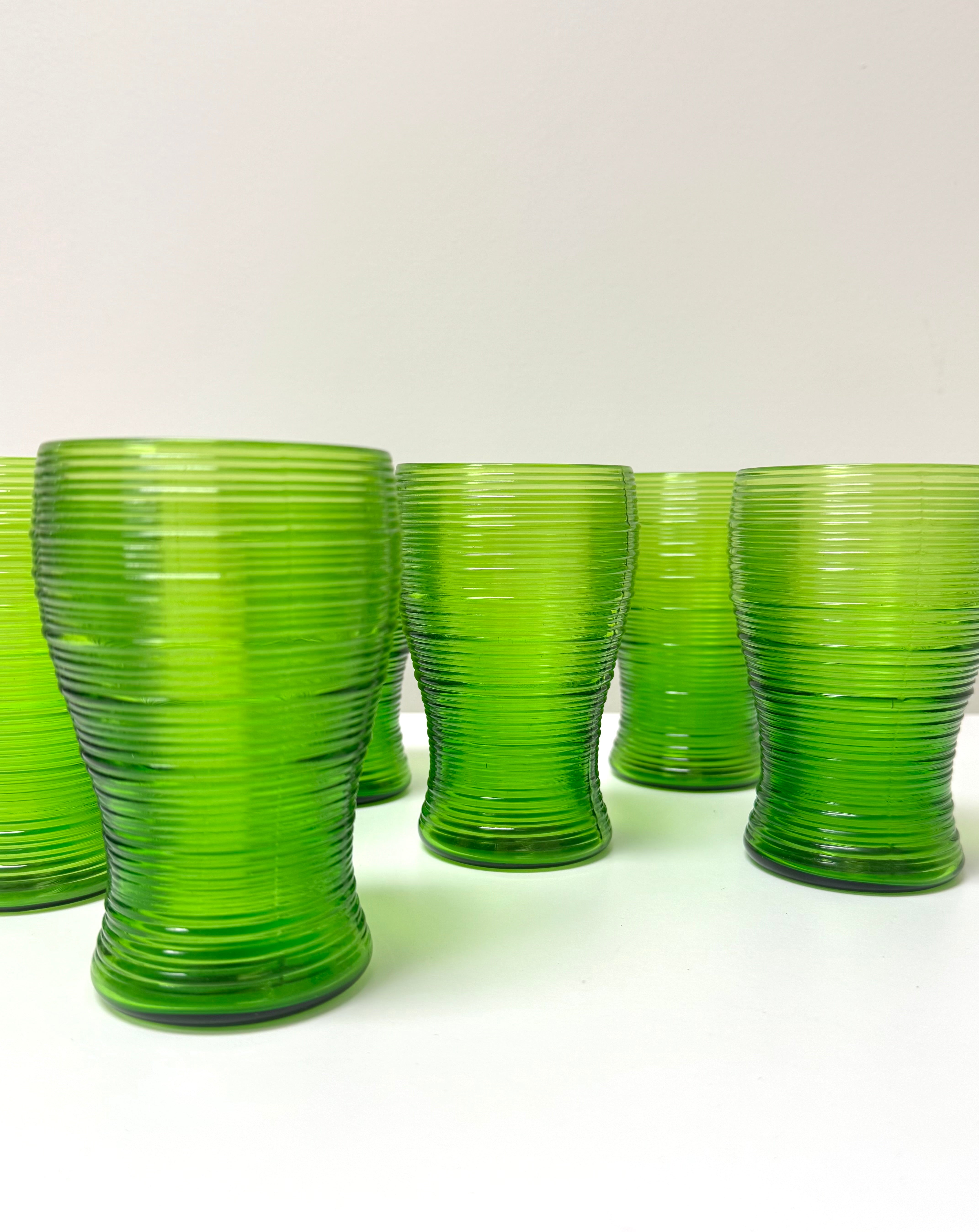 Vintage Emerald Green Ribbed Glass Pitcher & 6 Glasses