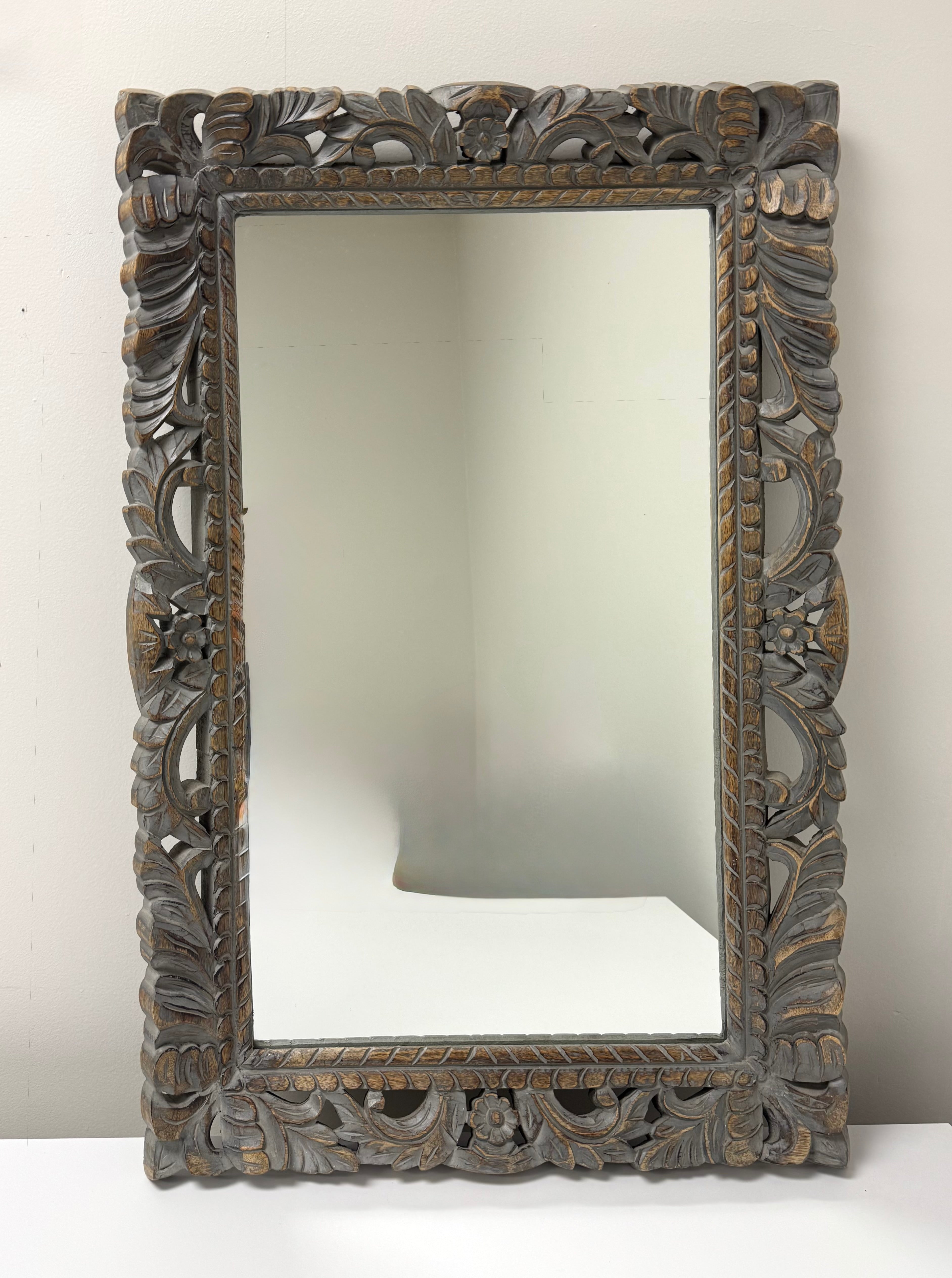 Rustic Gray Carved Wood Mirror