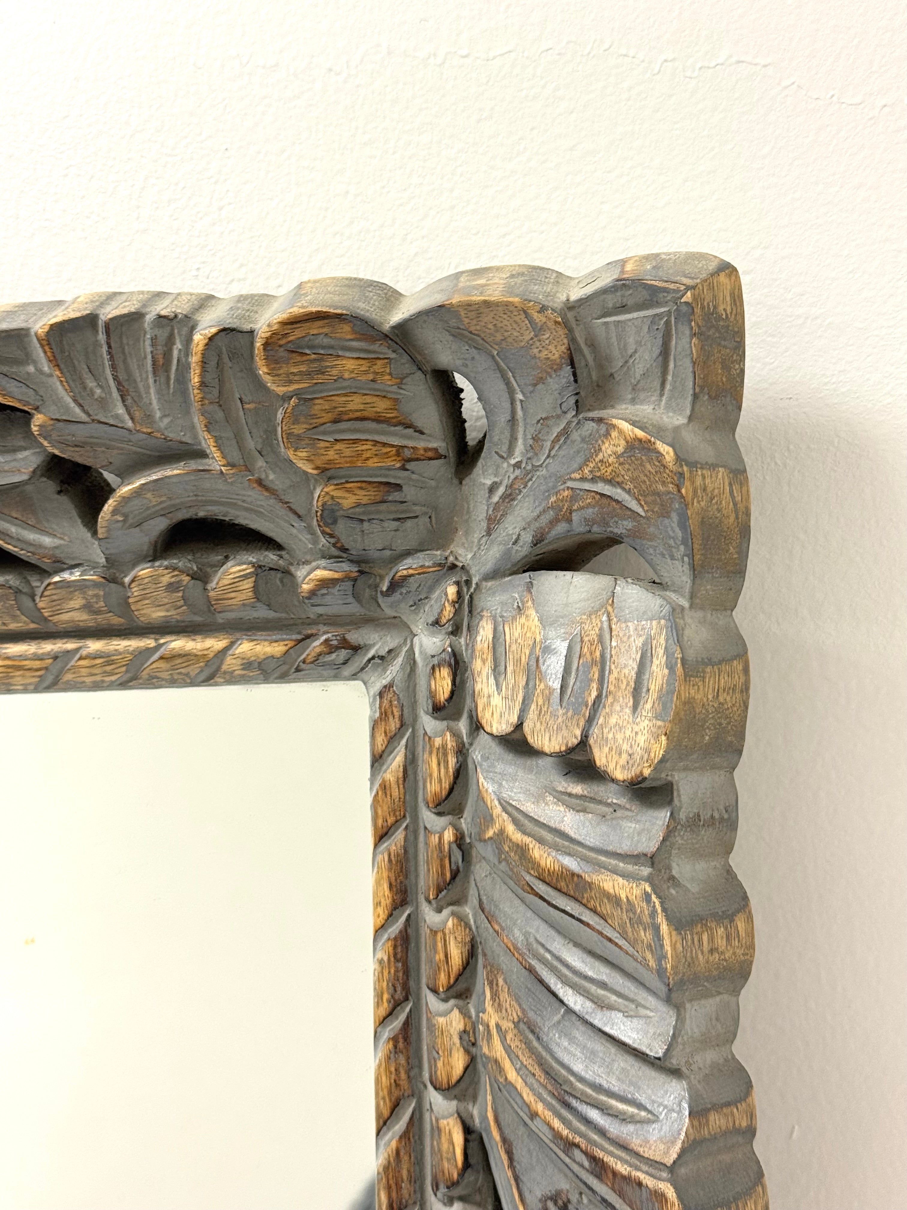 Rustic Gray Carved Wood Mirror