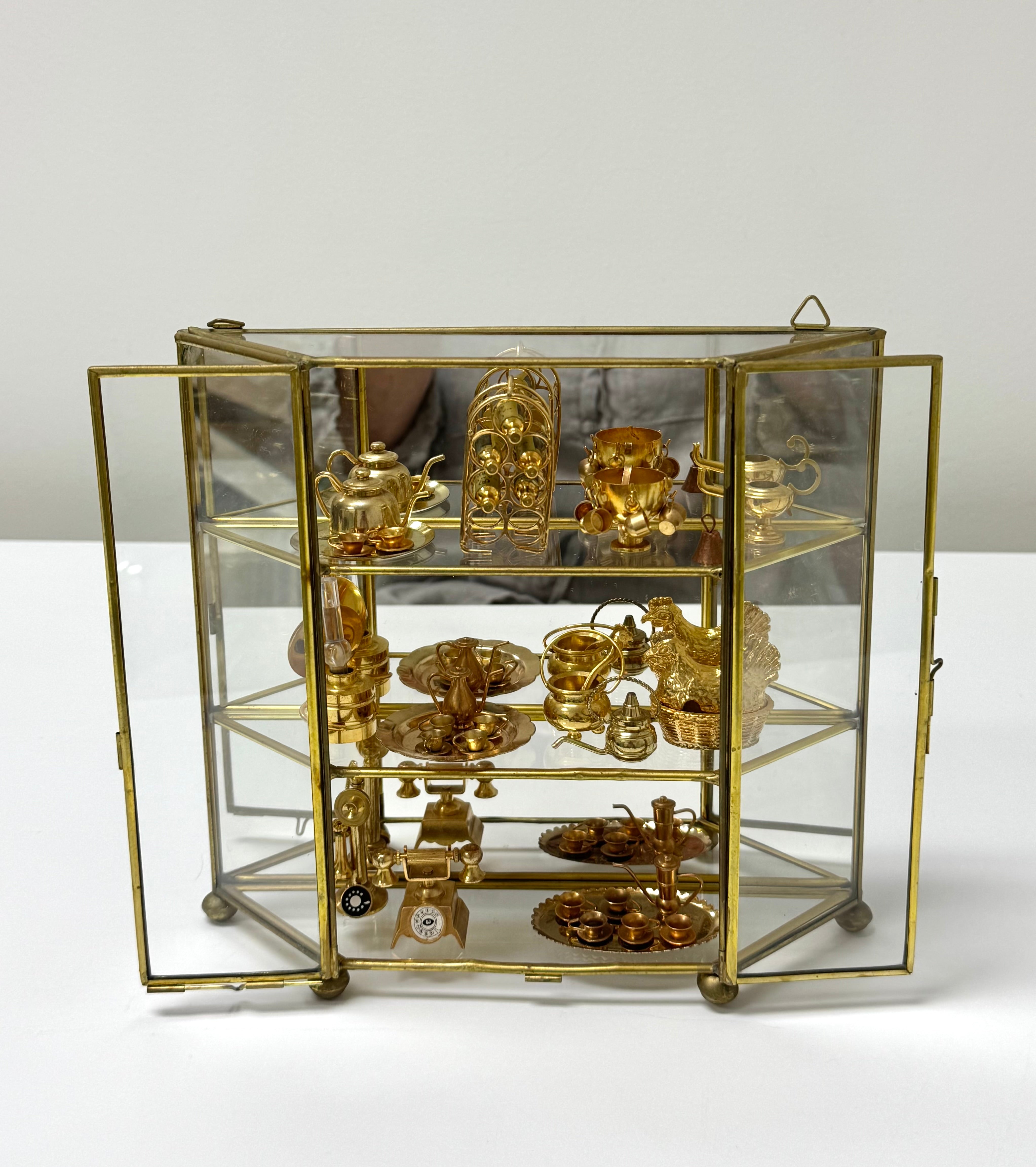 Vintage Brass Curio Cabinet with Miniatures